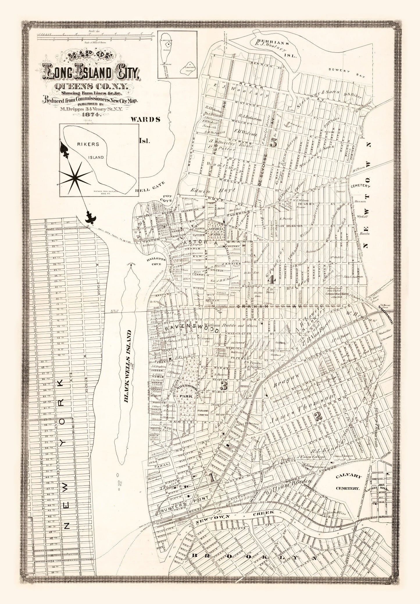 Vintage Map Print of Queens County, New York 1874