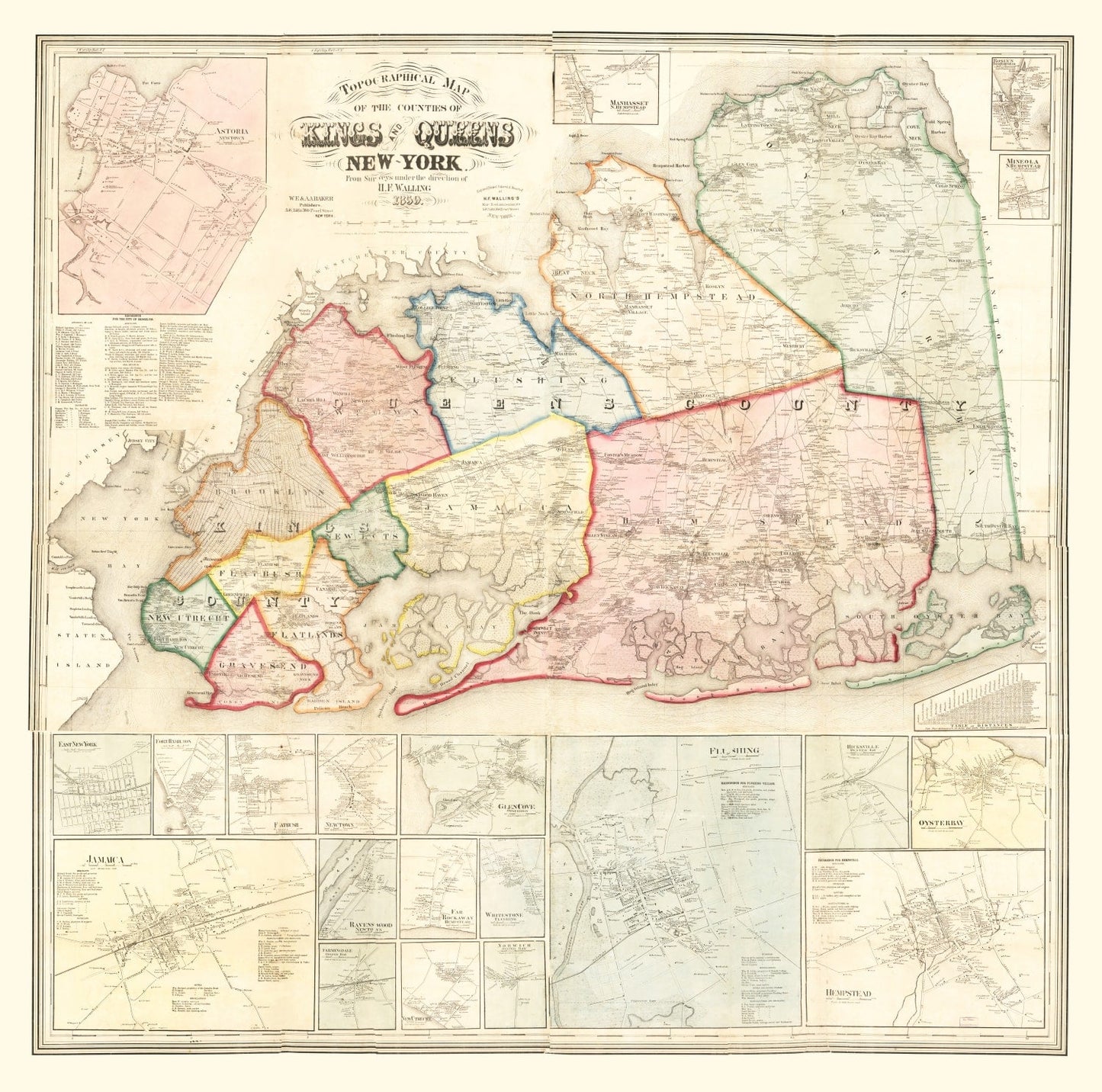 Vintage Map Print of Queens County, New York 1859