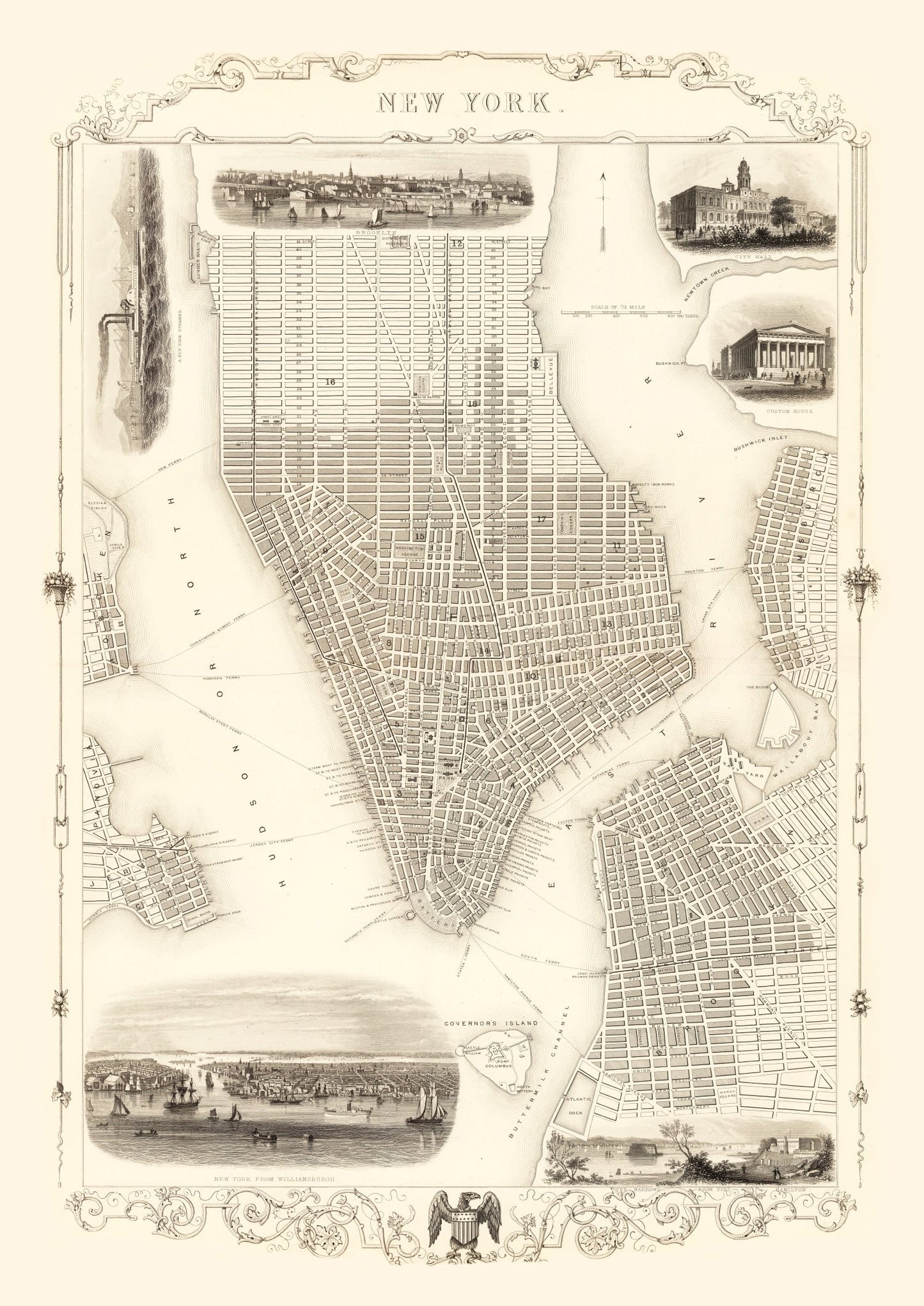 1851 Vintage Map of NYC Lower Manhattan