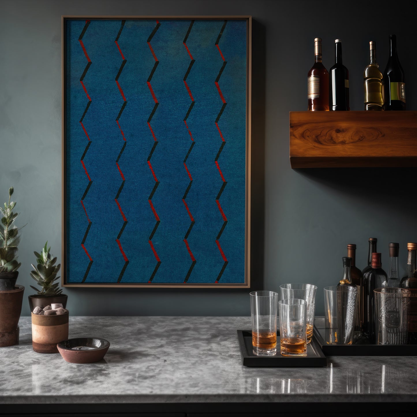 Blue and Red Zigzag Japanese Edo Era Vintage Textile Print – Japanese Wall Art