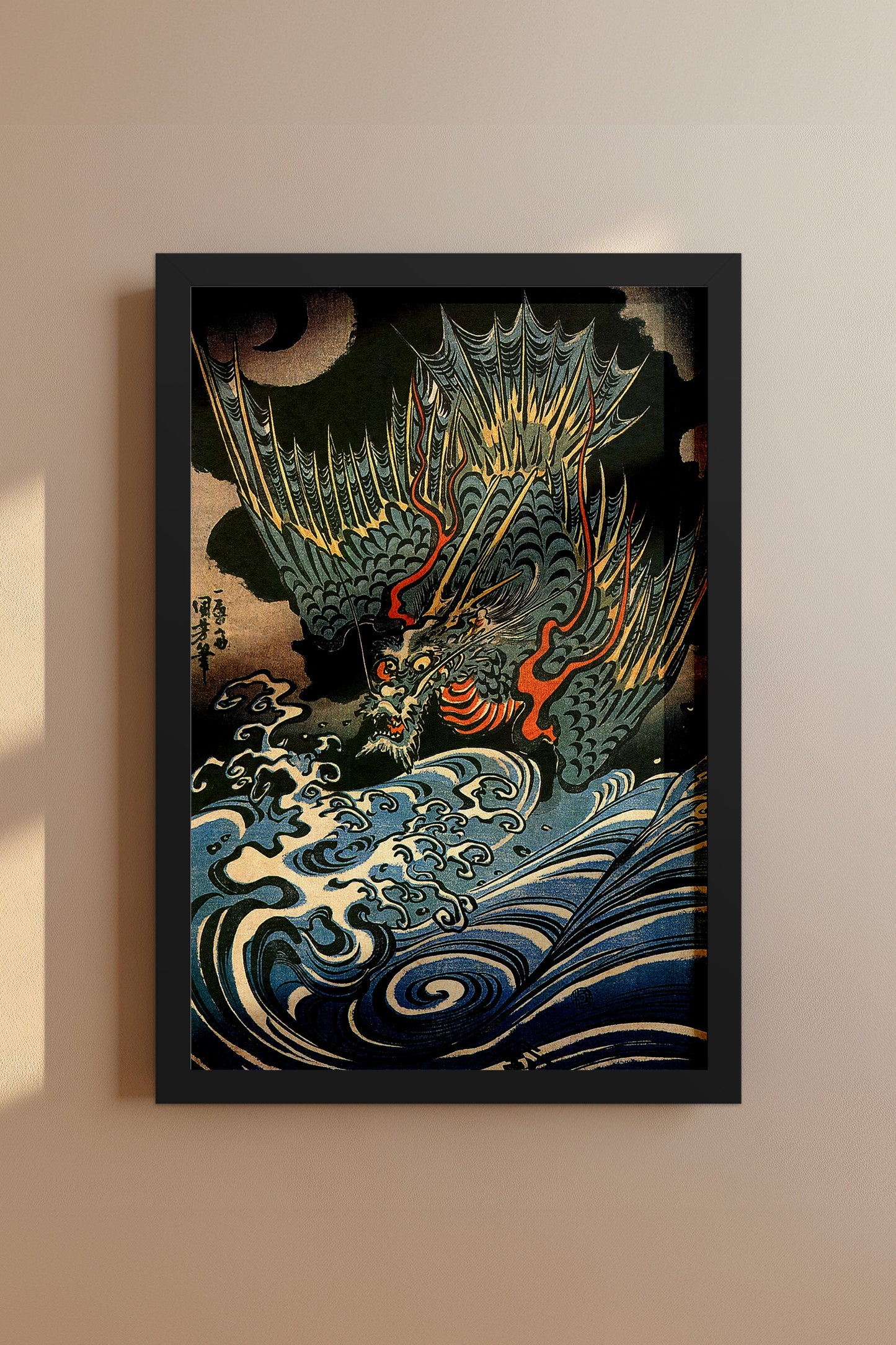 Dragon Flying Above Turbulent Waves 1830s Japanese Edo-Era Woodblock Print Reproduction by Utagawa Kuniyoshi