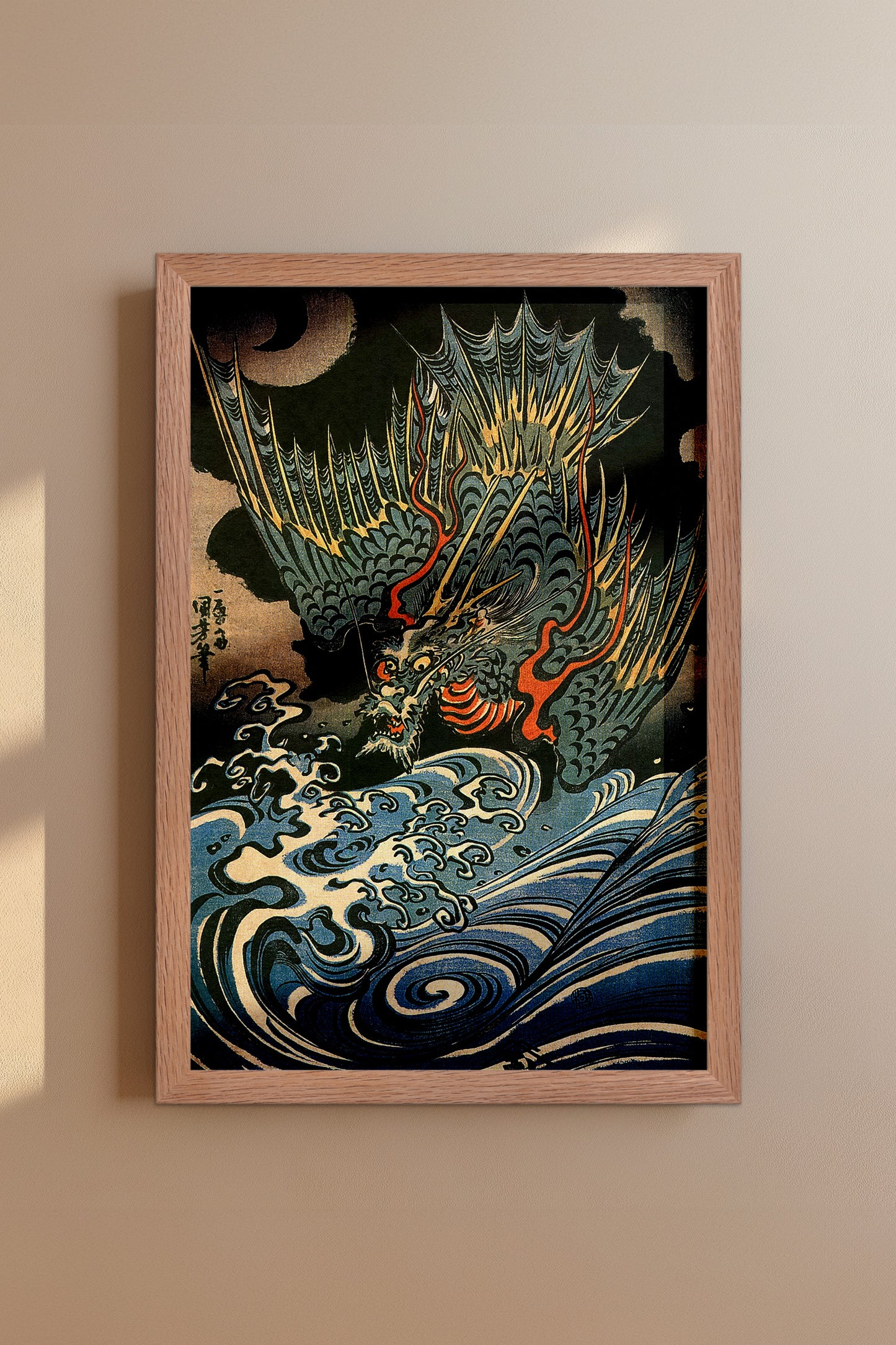 Dragon Flying Above Turbulent Waves 1830s Japanese Edo-Era Woodblock Print Reproduction by Utagawa Kuniyoshi