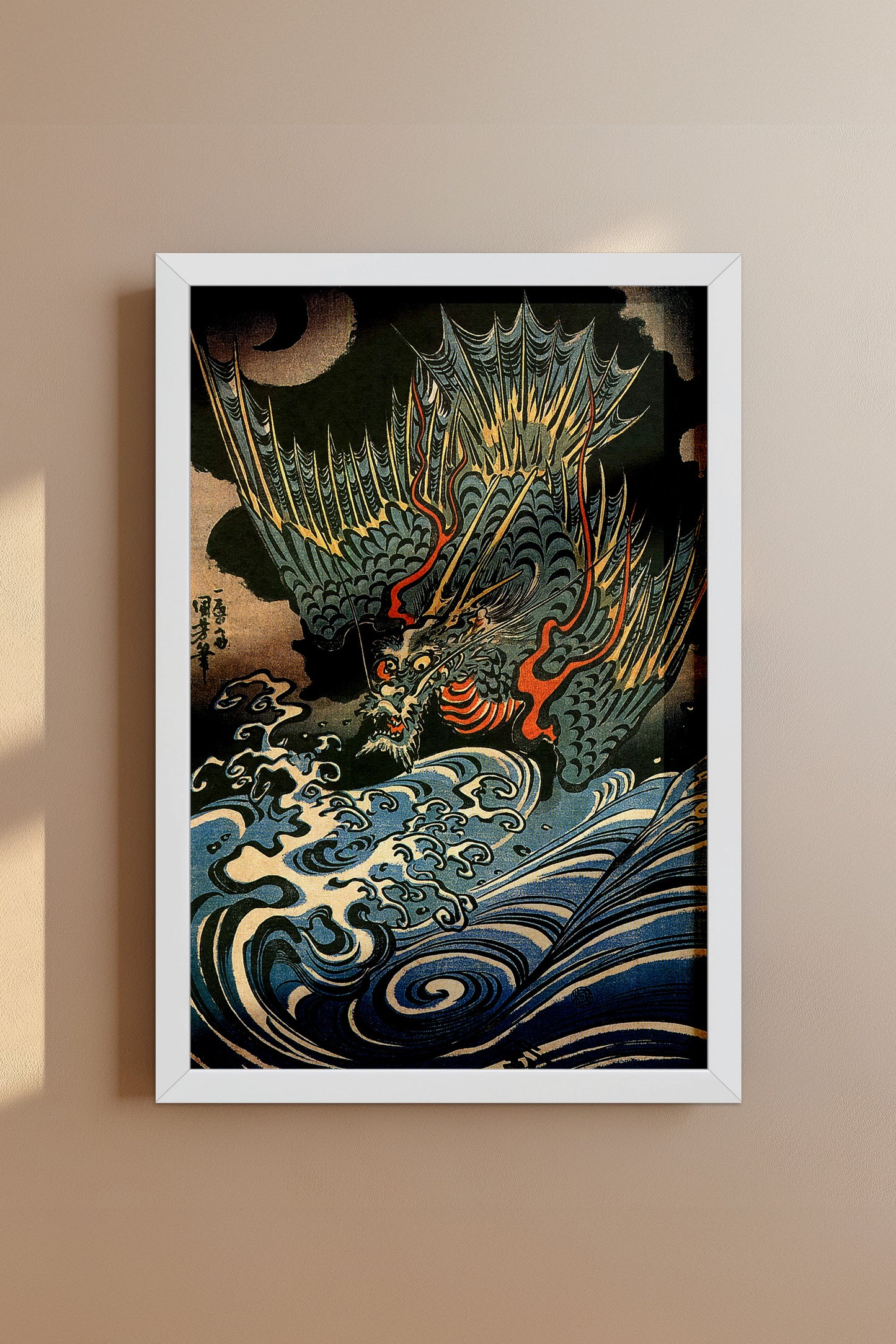 Dragon Flying Above Turbulent Waves 1830s Japanese Edo-Era Woodblock Print Reproduction by Utagawa Kuniyoshi