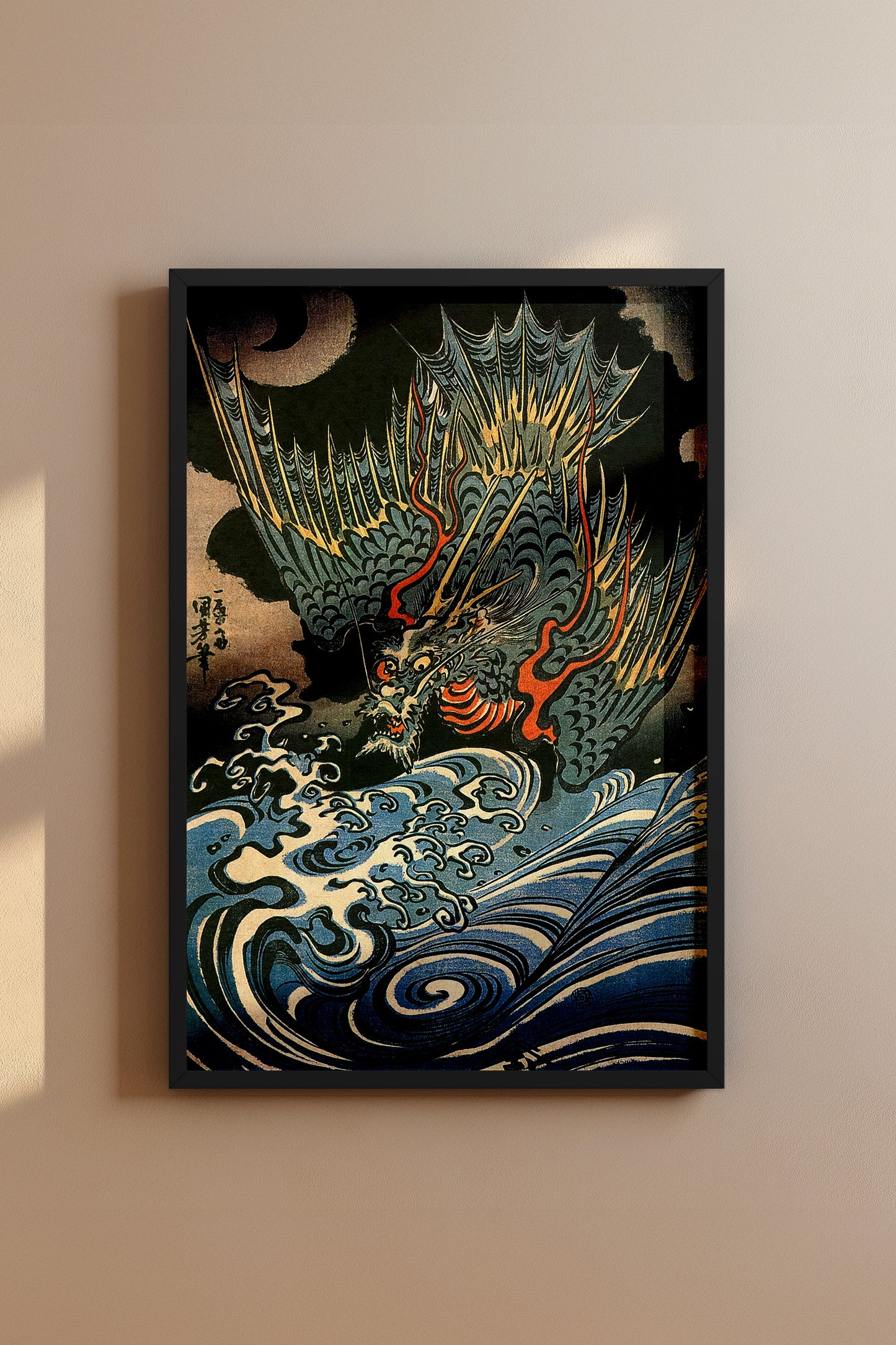 Dragon Flying Above Turbulent Waves 1830s Japanese Edo-Era Woodblock Print Reproduction by Utagawa Kuniyoshi