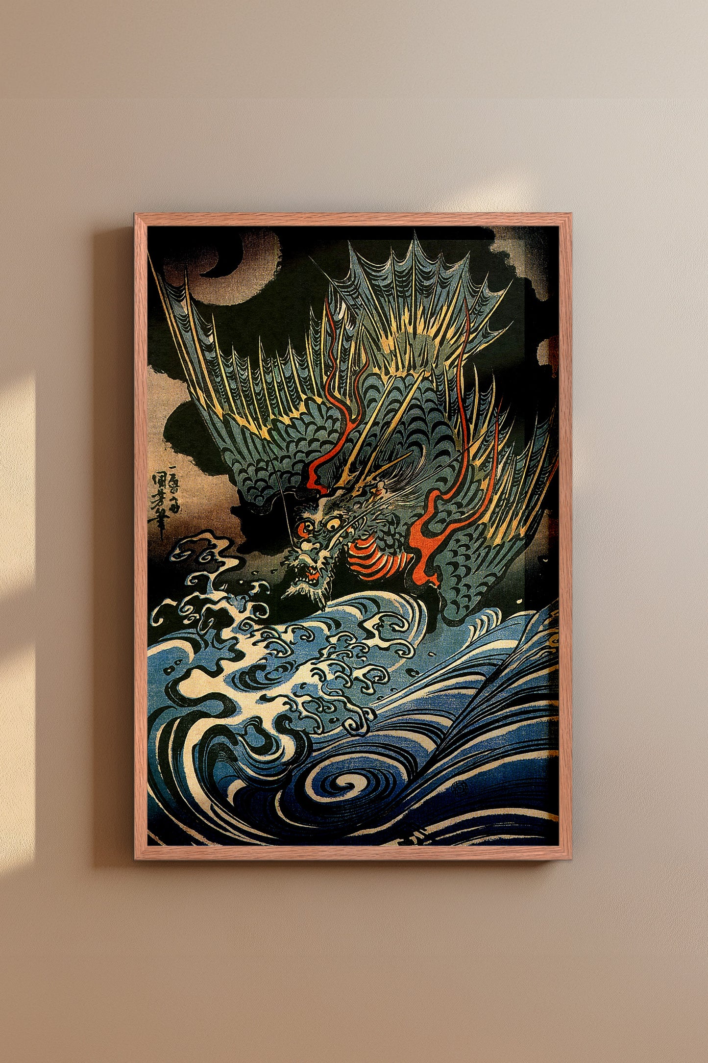 Dragon Flying Above Turbulent Waves 1830s Japanese Edo-Era Woodblock Print Reproduction by Utagawa Kuniyoshi