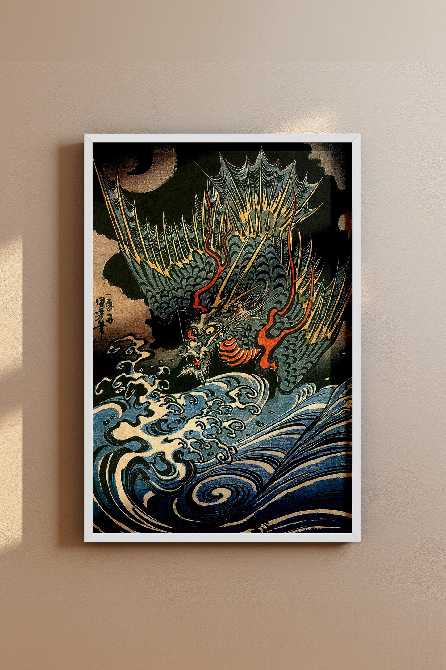Dragon Flying Above Turbulent Waves 1830s Japanese Edo-Era Woodblock Print Reproduction by Utagawa Kuniyoshi