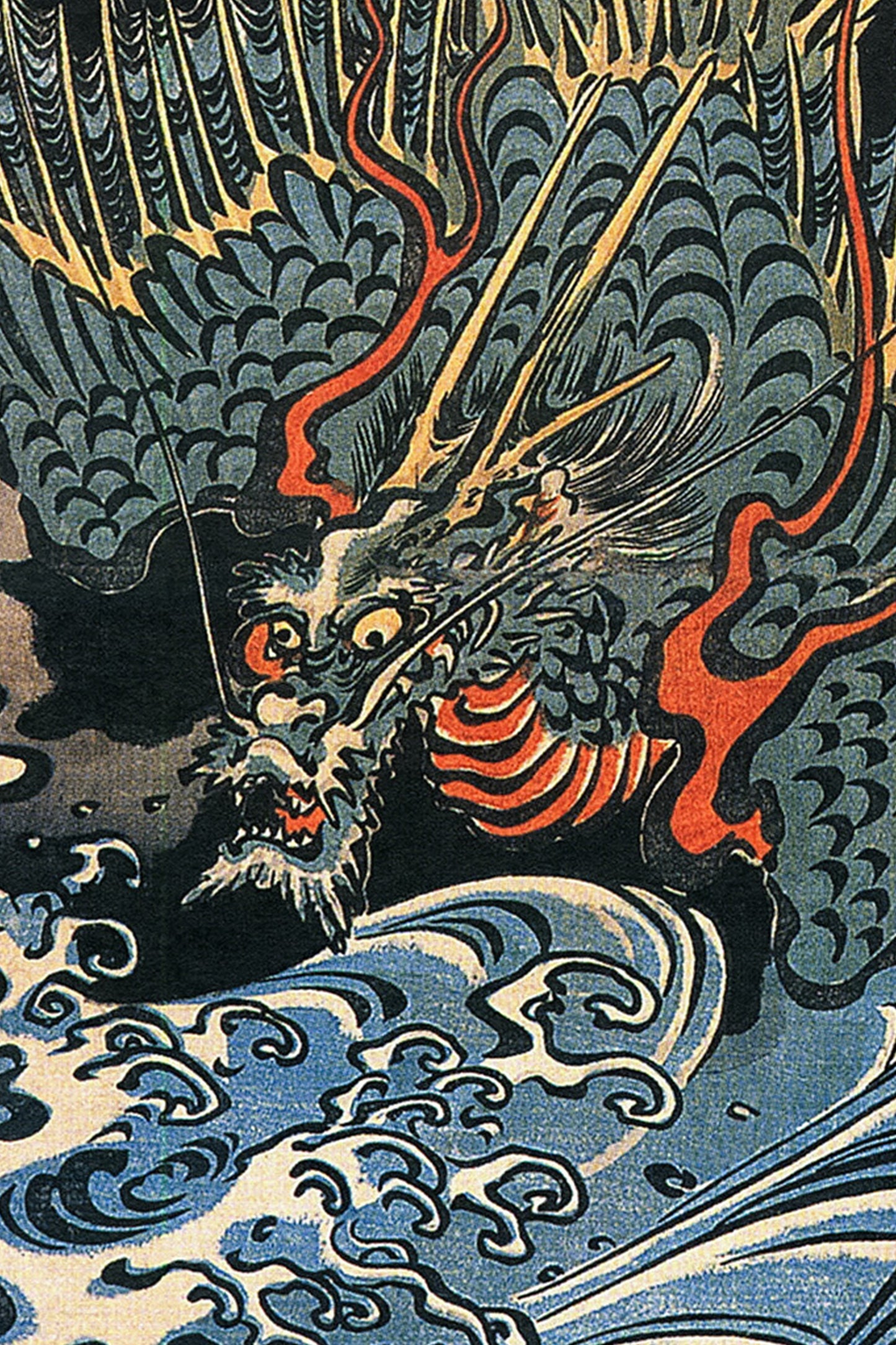 Dragon Flying Above Turbulent Waves 1830s Japanese Edo-Era Woodblock Print Reproduction by Utagawa Kuniyoshi