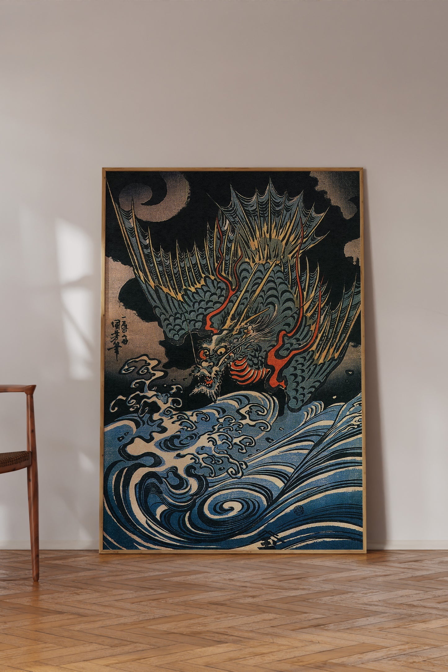 Dragon Flying Above Turbulent Waves 1830s Japanese Edo-Era Woodblock Print Reproduction by Utagawa Kuniyoshi