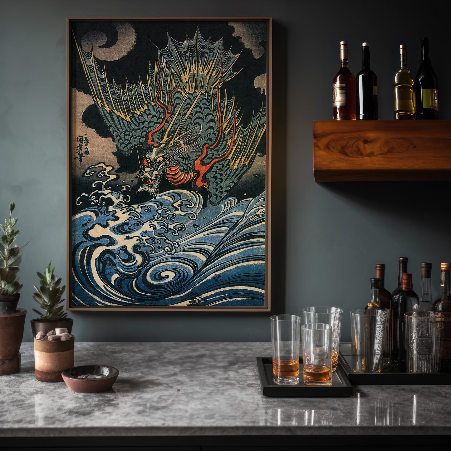 Dragon Flying Above Turbulent Waves 1830s Japanese Edo-Era Woodblock Print Reproduction by Utagawa Kuniyoshi