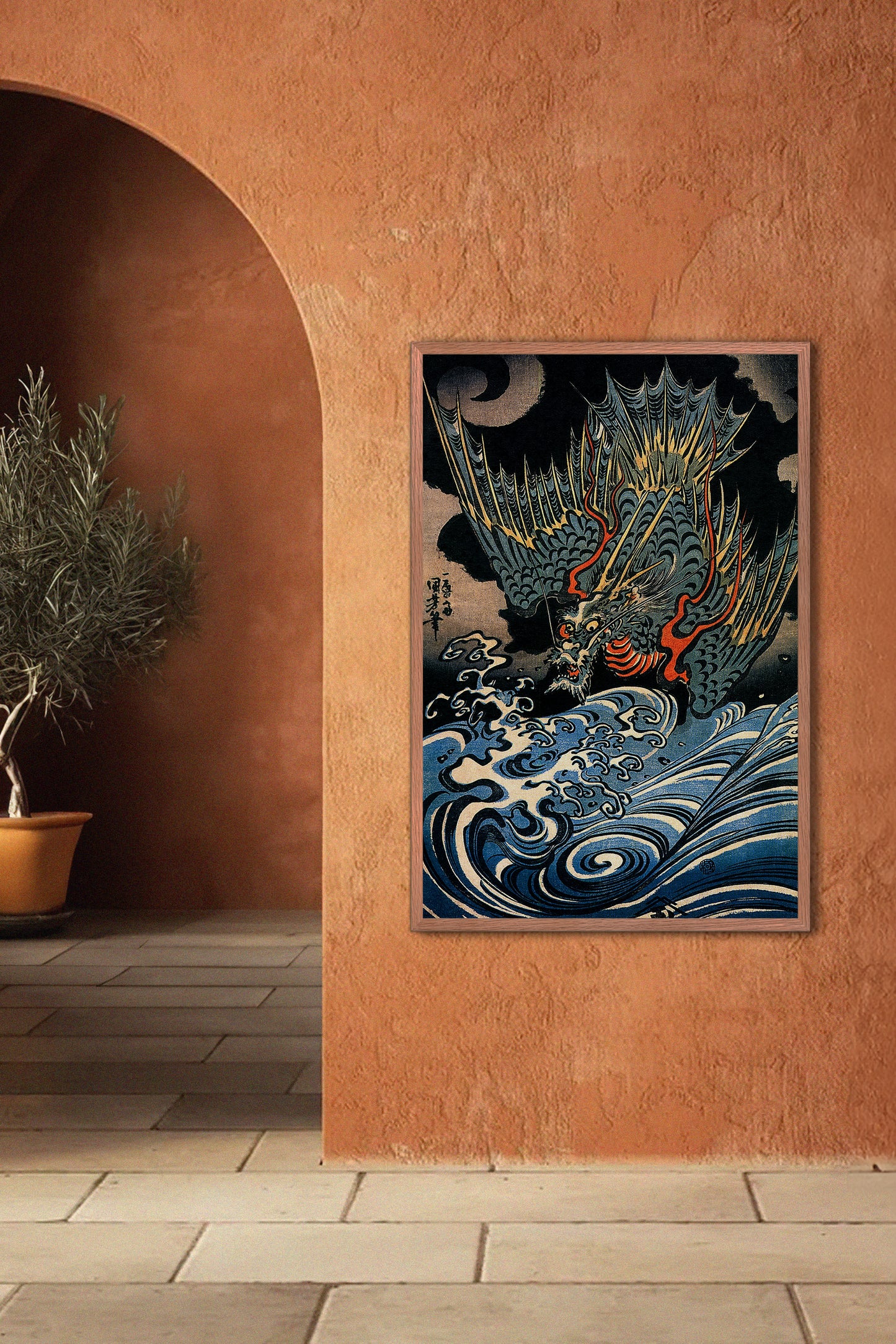 Dragon Flying Above Turbulent Waves 1830s Japanese Edo-Era Woodblock Print Reproduction by Utagawa Kuniyoshi
