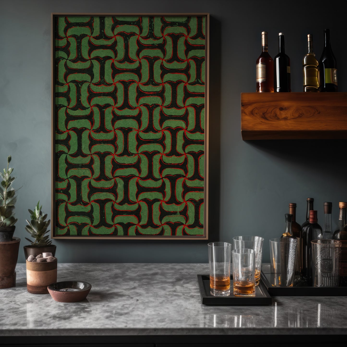Green and Black Tessellation Japanese Edo Era Vintage Textile Print – Japanese Wall Art