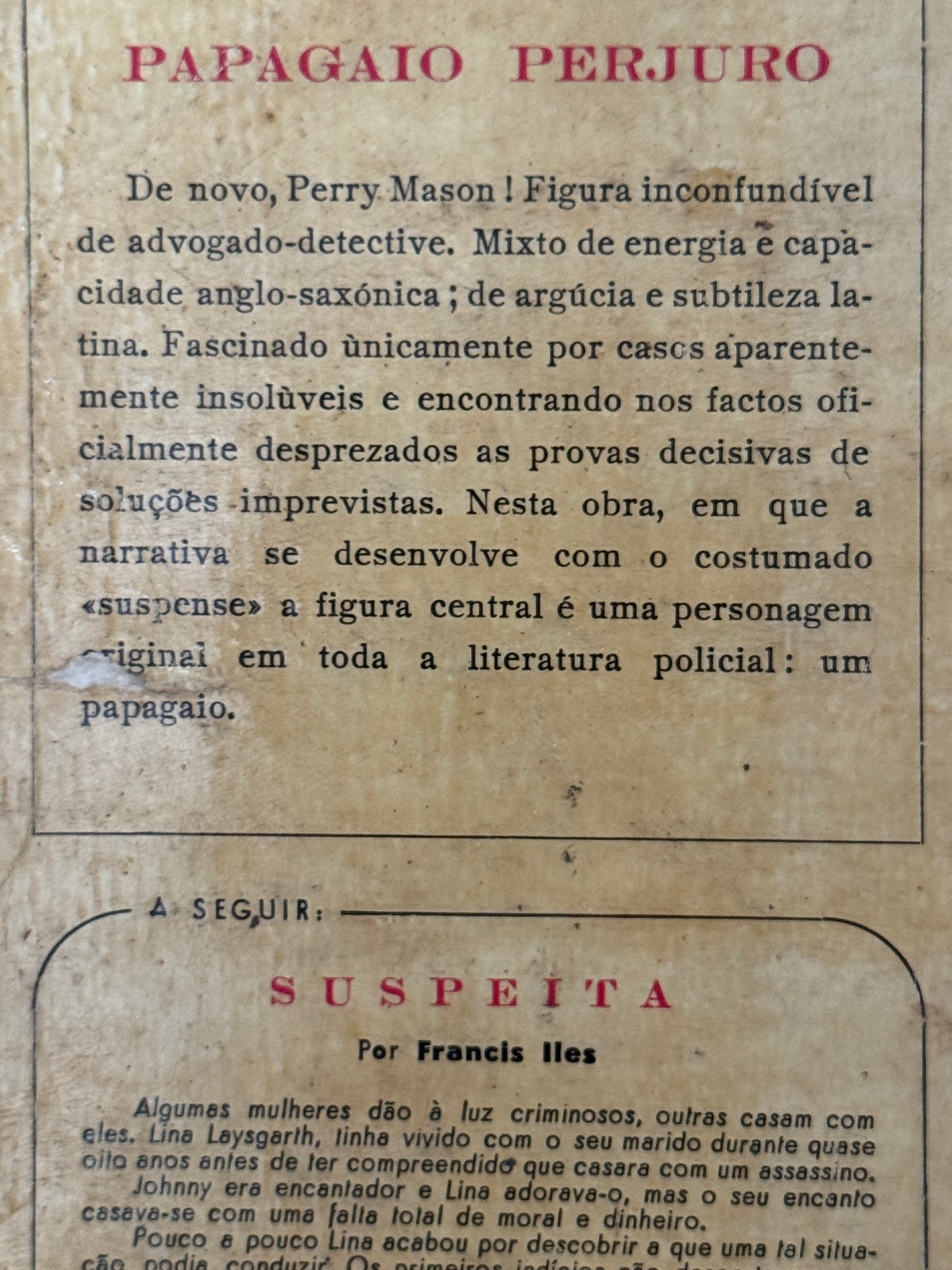Vintage 1953 Brazilian Portuguese Mystery Novel 'Papagaio Perjuro'