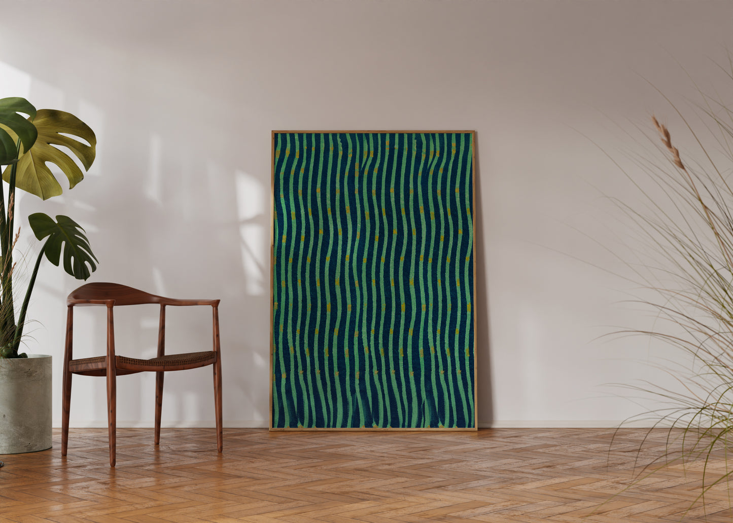 Japanese Edo Era Woodblock Textile Print – Vintage Green and Blue Wave Pattern