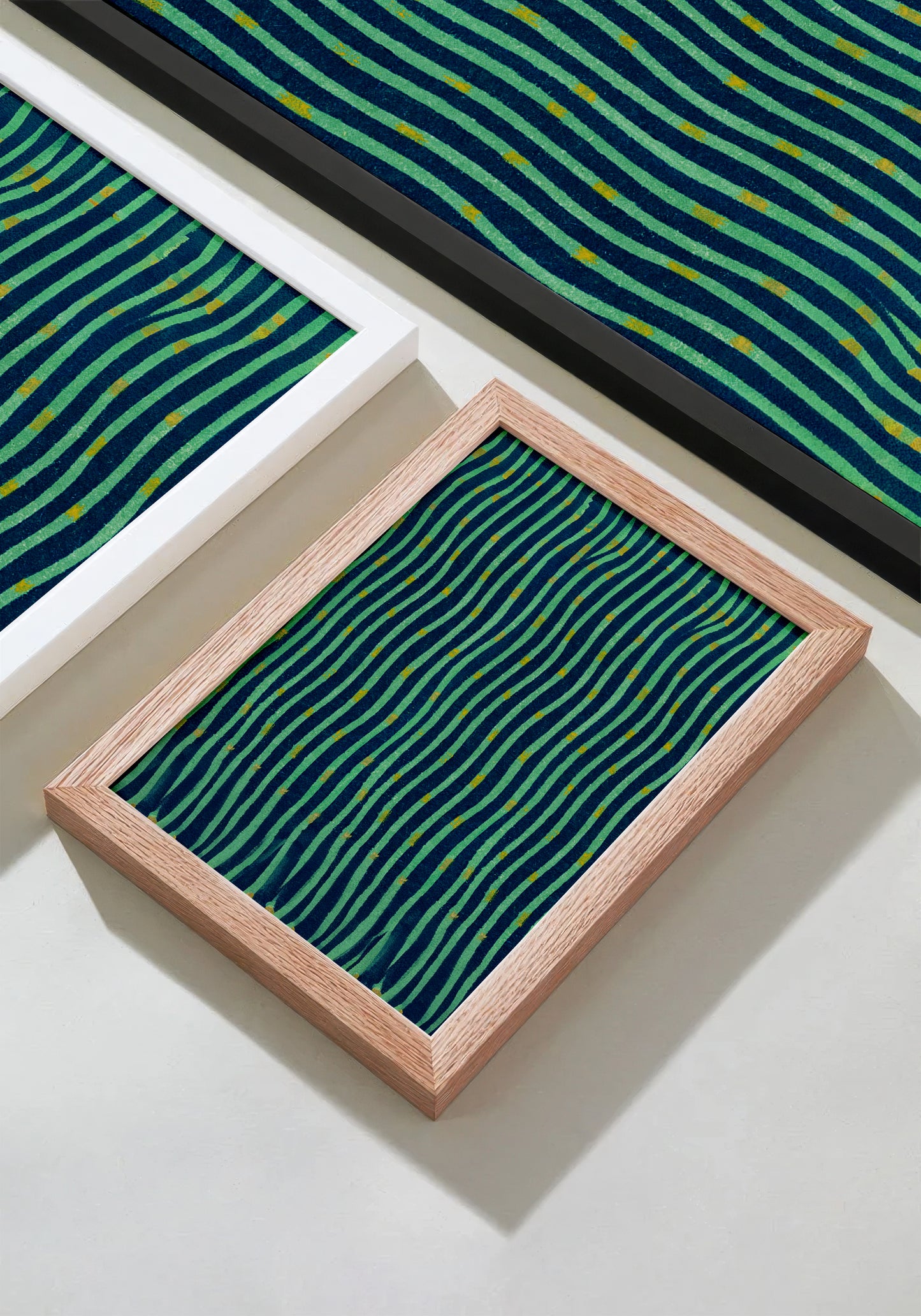 Japanese Edo Era Woodblock Textile Print – Vintage Green and Blue Wave Pattern