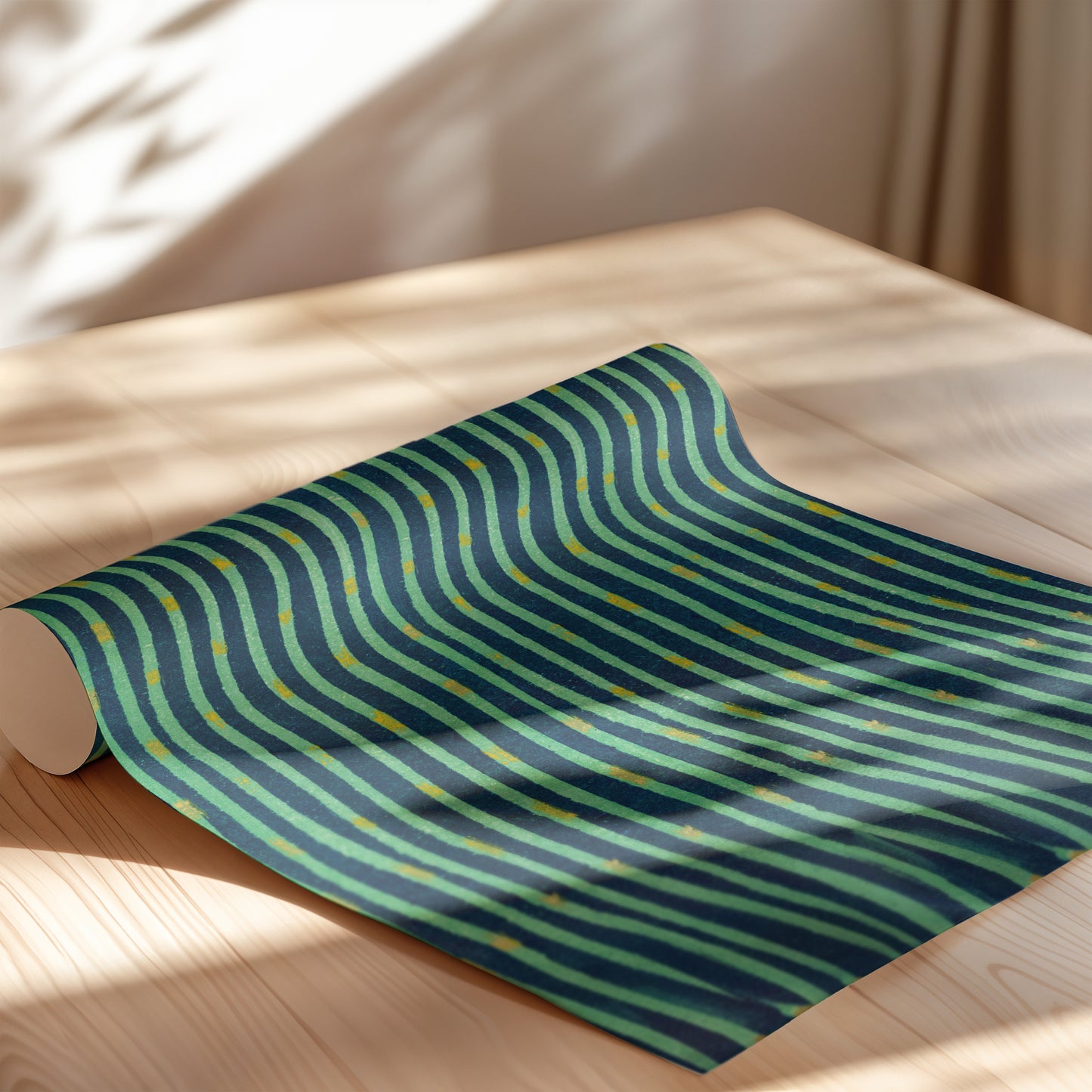 Japanese Edo Era Woodblock Textile Print – Vintage Green and Blue Wave Pattern