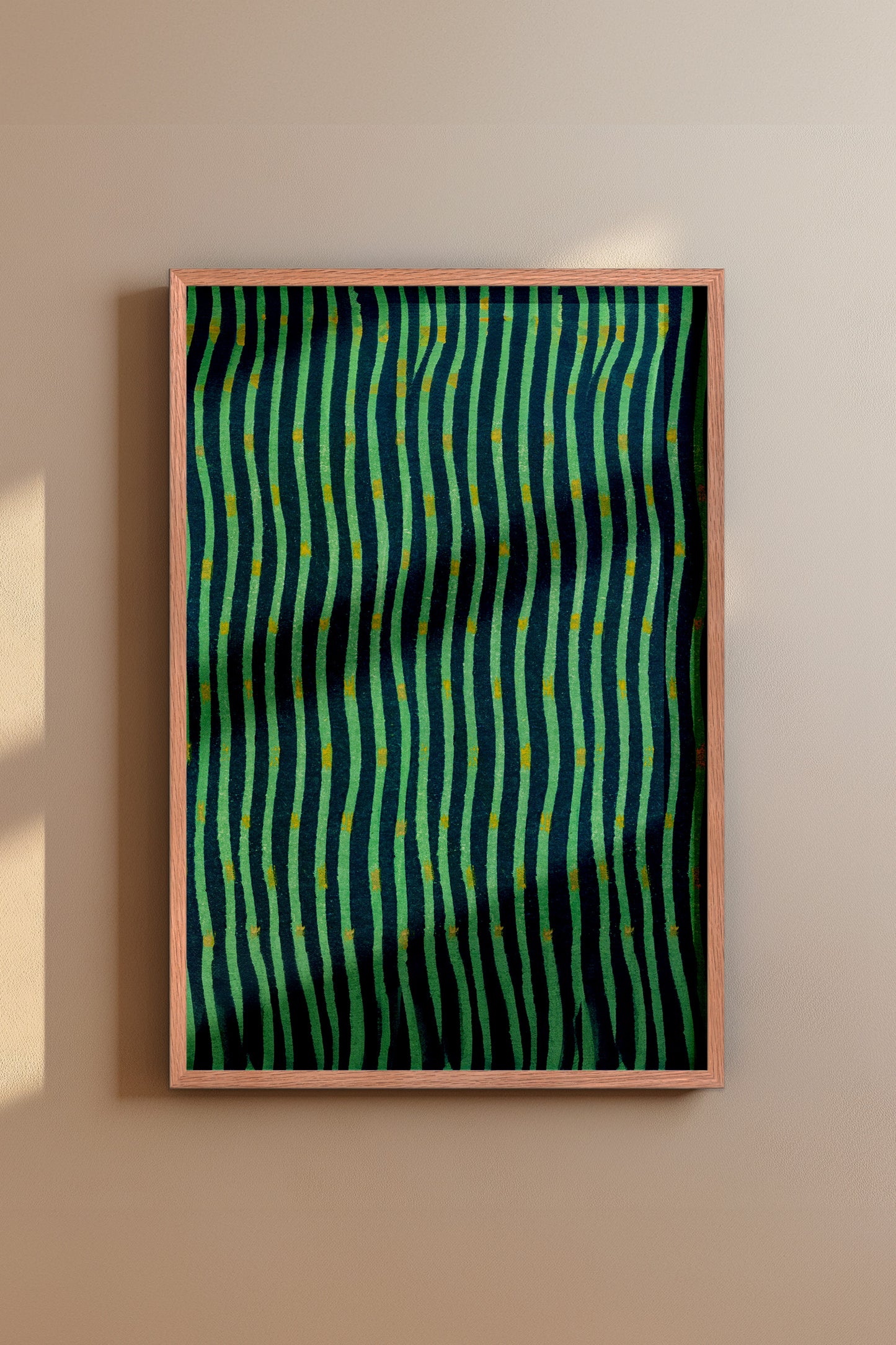 Japanese Edo Era Woodblock Textile Print – Vintage Green and Blue Wave Pattern
