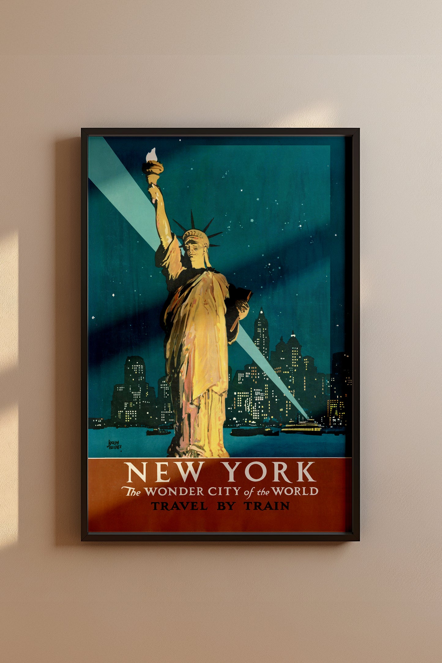 New York Travel by Train Poster – Vintage Statue of Liberty Wall Art