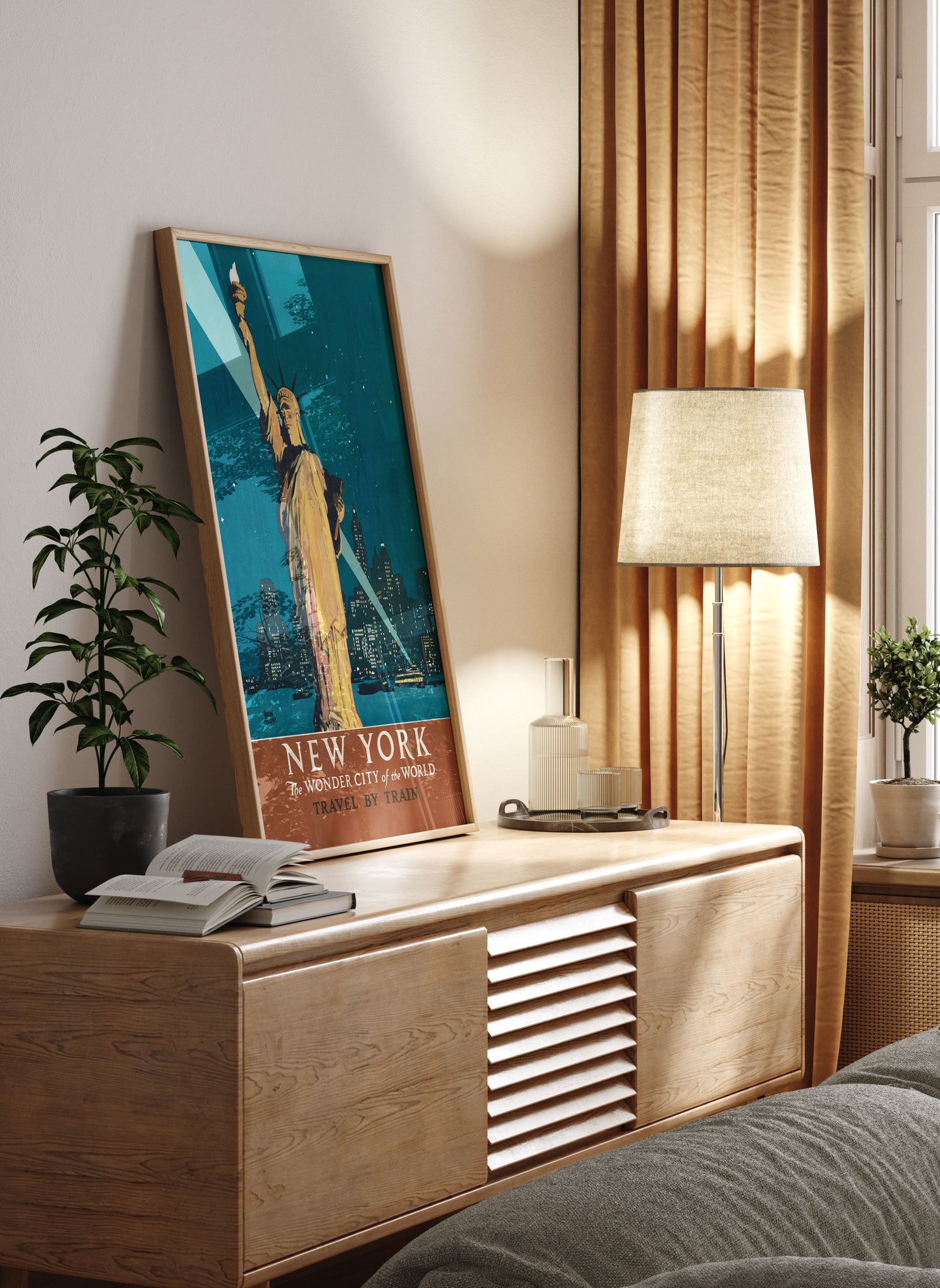New York Travel by Train Poster – Vintage Statue of Liberty Wall Art