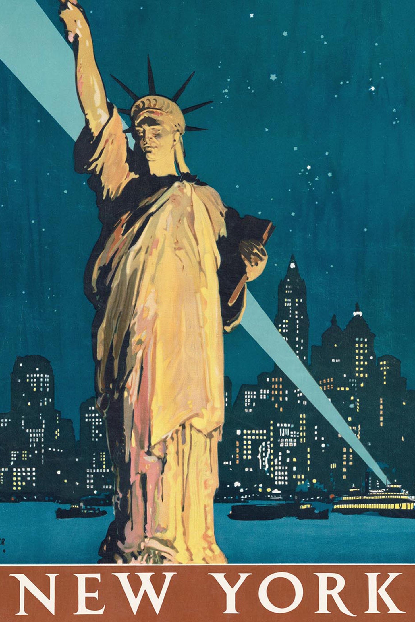 New York Travel by Train Poster – Vintage Statue of Liberty Wall Art