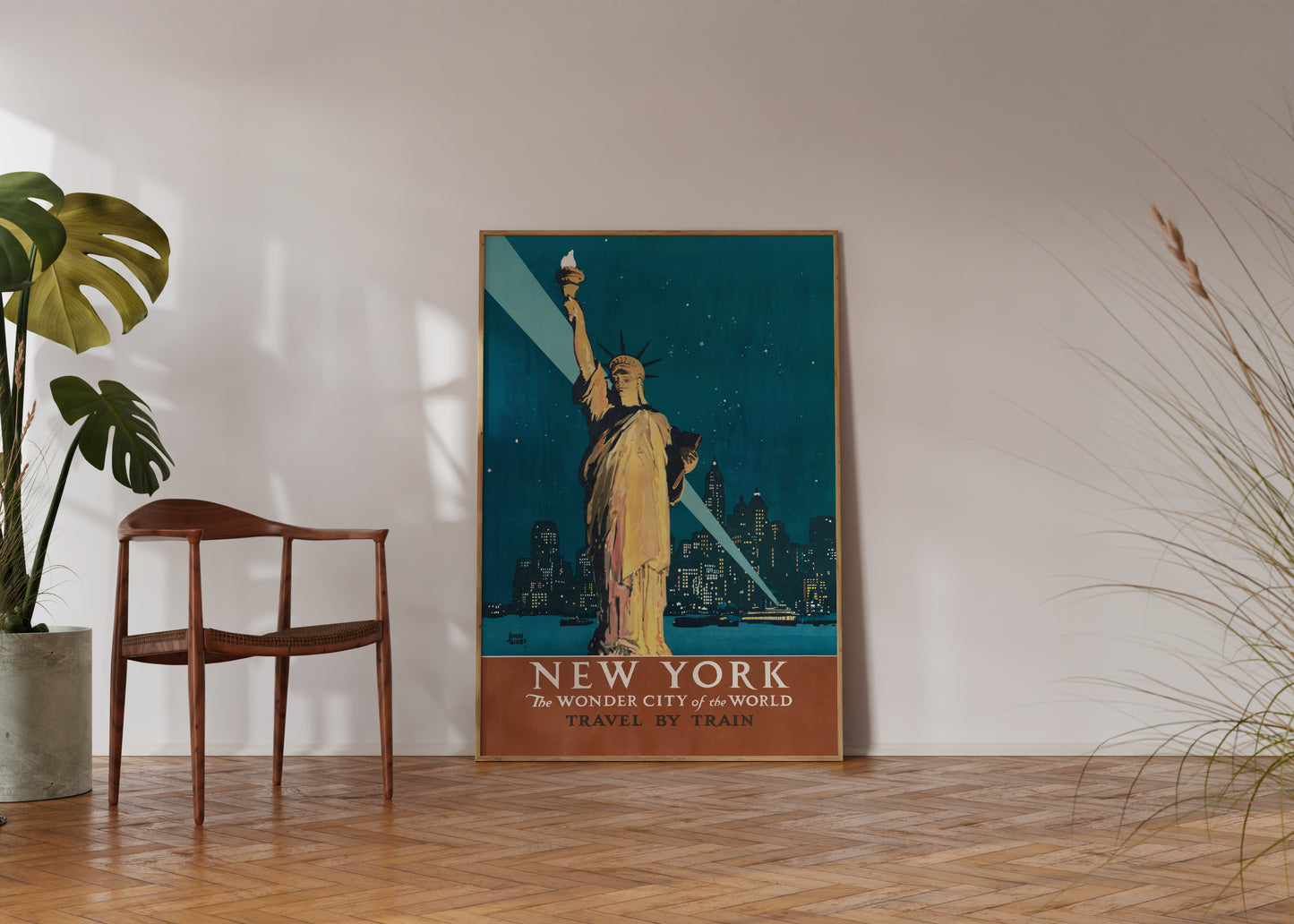 New York Travel by Train Poster – Vintage Statue of Liberty Wall Art