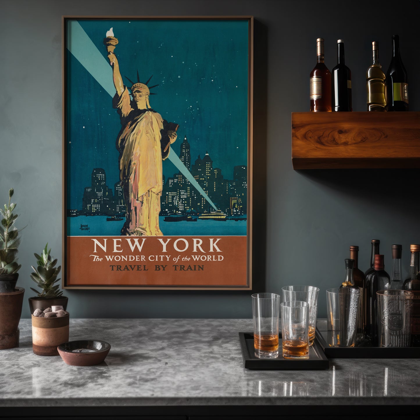 New York Travel by Train Poster – Vintage Statue of Liberty Wall Art