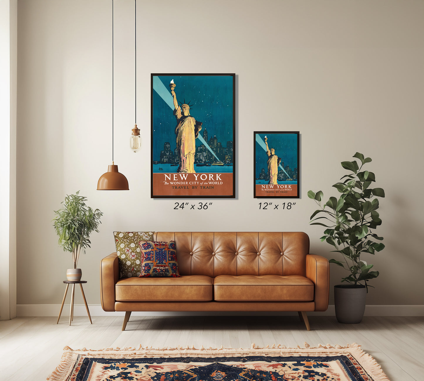 New York Travel by Train Poster – Vintage Statue of Liberty Wall Art