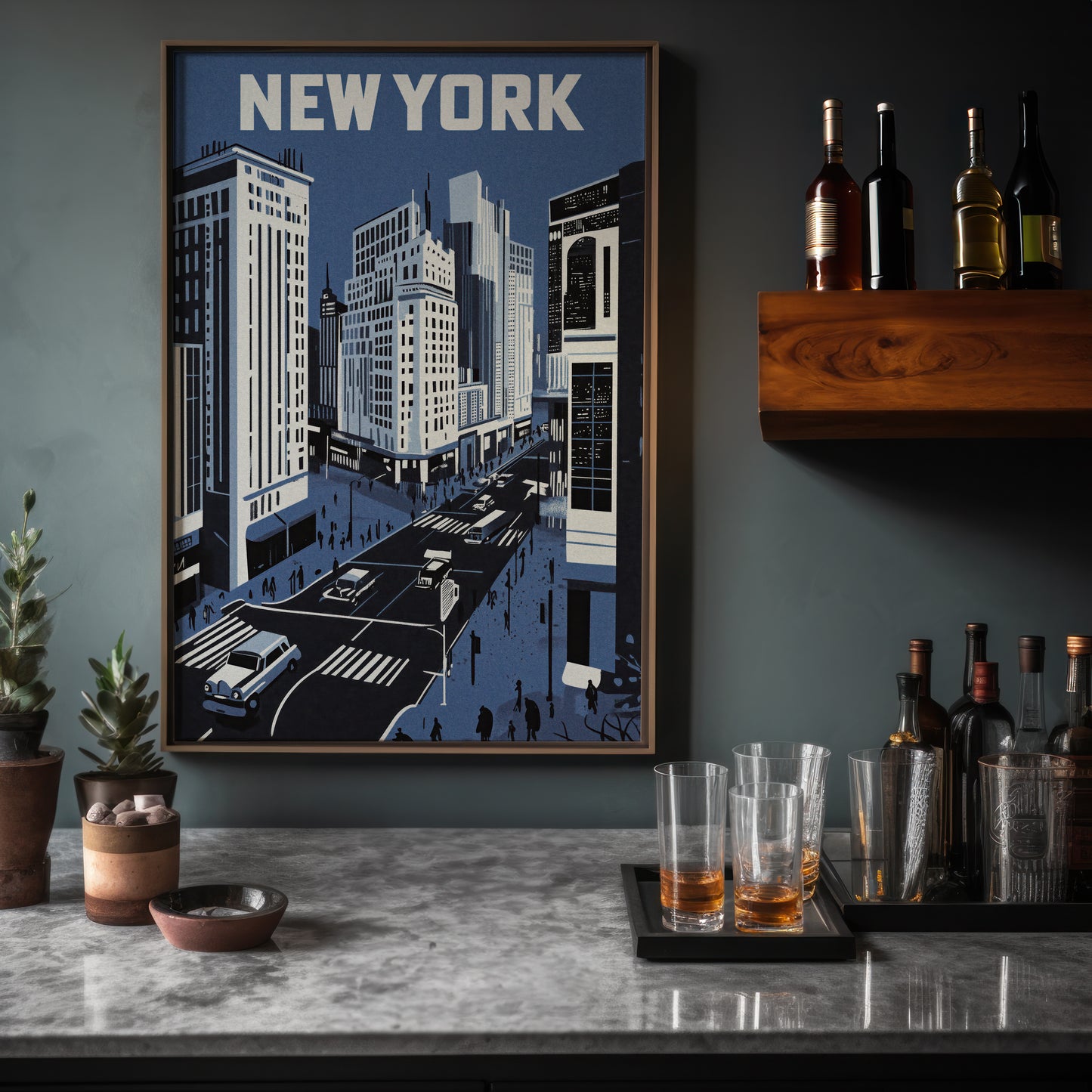 New York City Mid-Century Vintage Style Poster in Blue