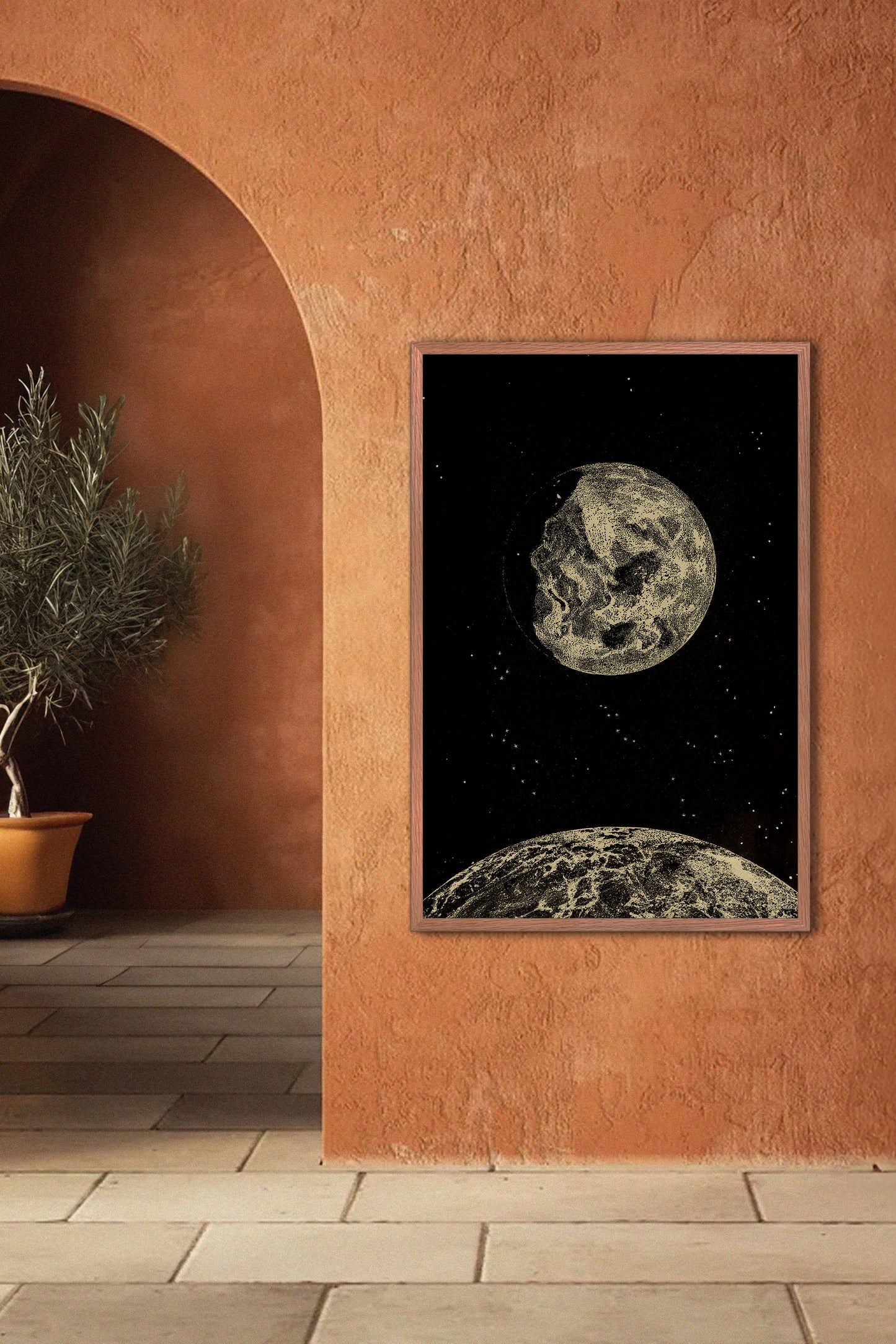 Earth and Moon Illustration – Early 1900s Celestial Engraving Vintage Print
