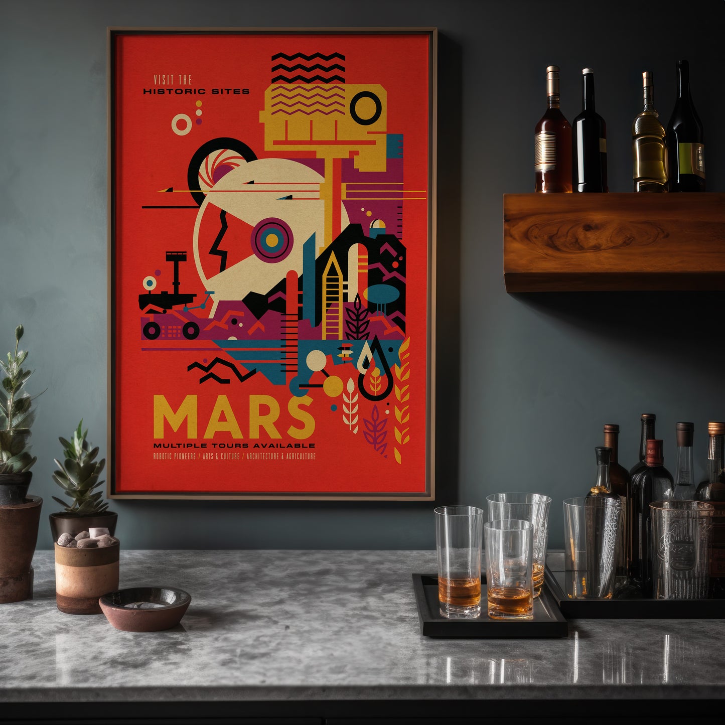 Visit Mars Travel Poster – Retro-Futuristic WPA-Style Space Exploration Vintage Print