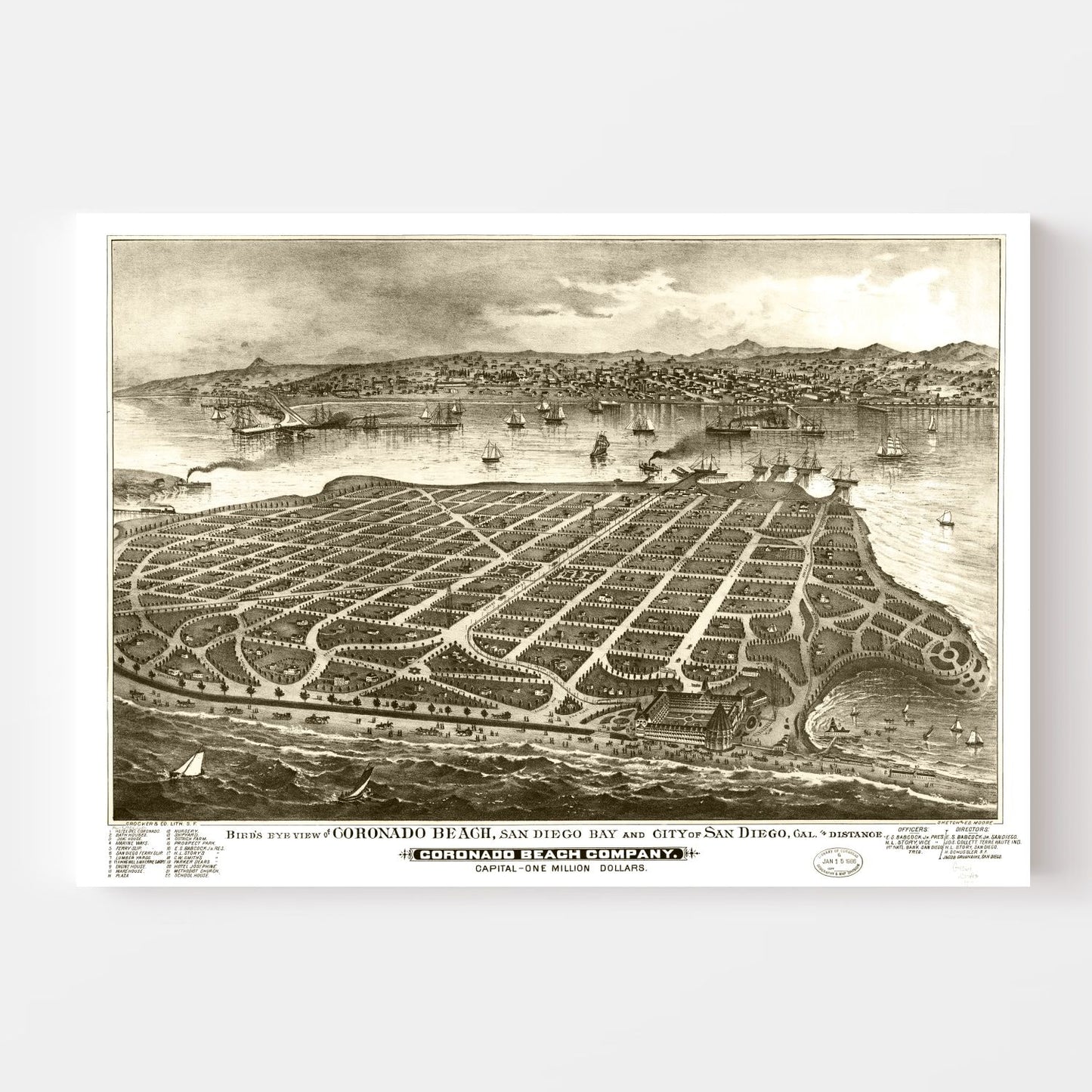 Vintage Map Print of San Diego, California 1880