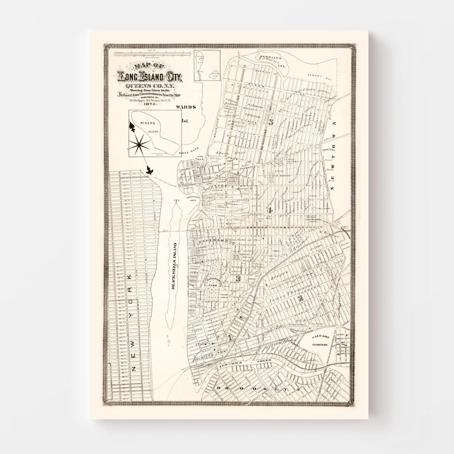 Vintage Map Print of Queens County, New York 1874