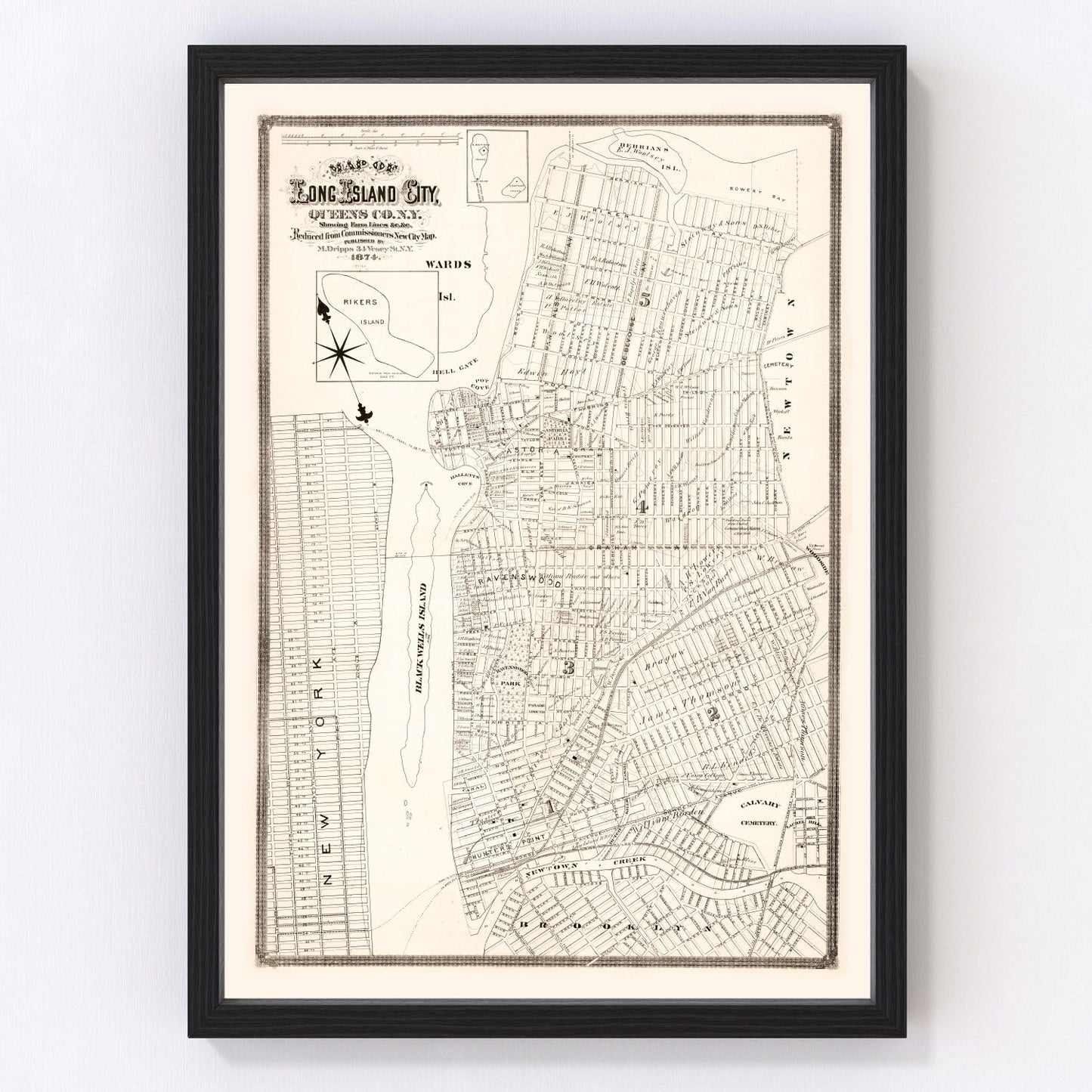 Vintage Map Print of Queens County, New York 1874