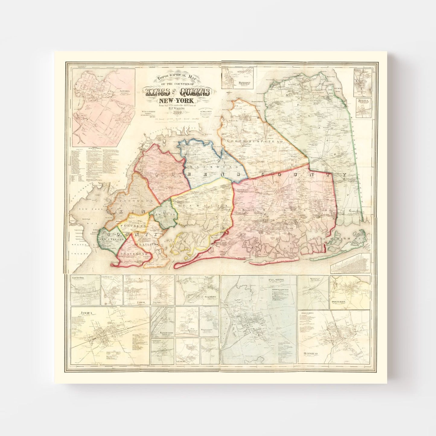 Vintage Map Print of Queens County, New York 1859