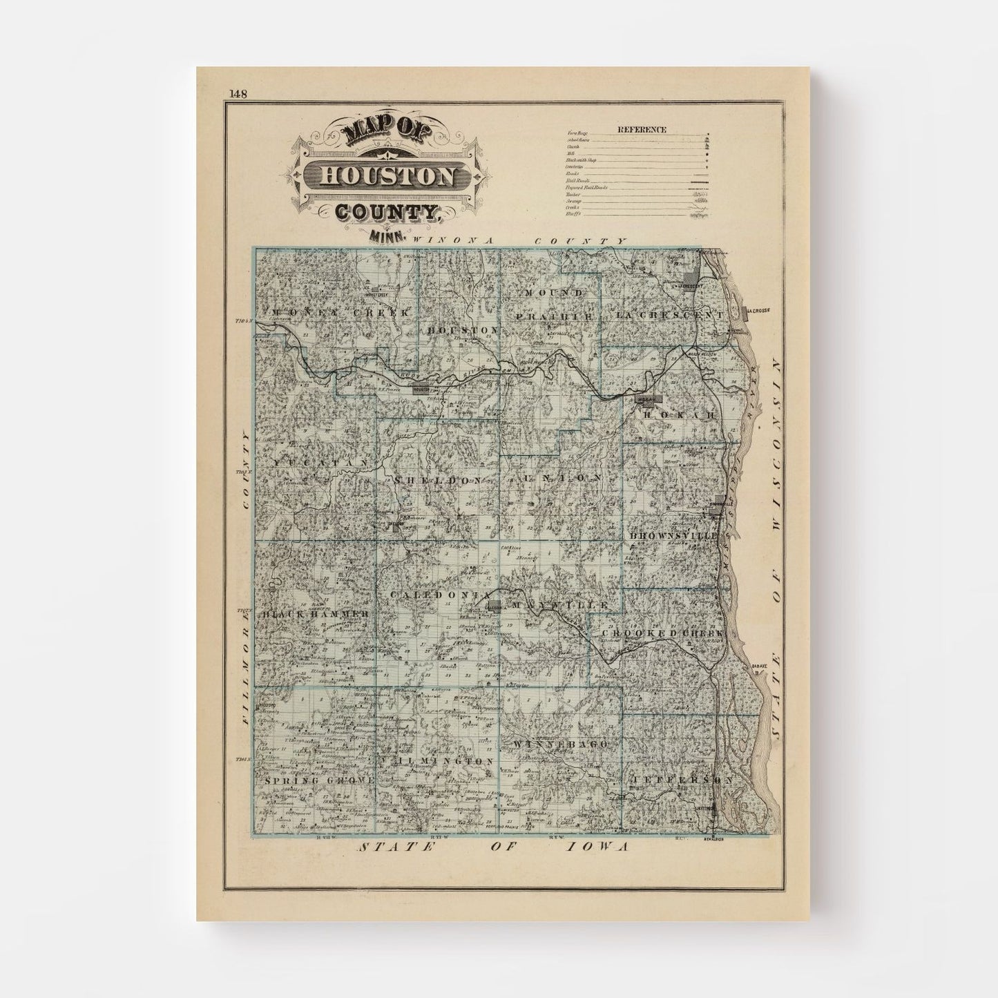 Vintage Map of Houston County, Minnesota 1874