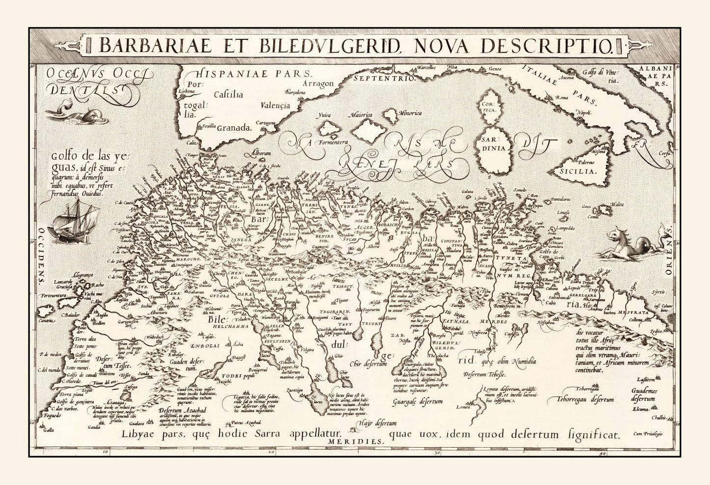 Vintage Map of North Africa & the Mediterranean Sea, 1570