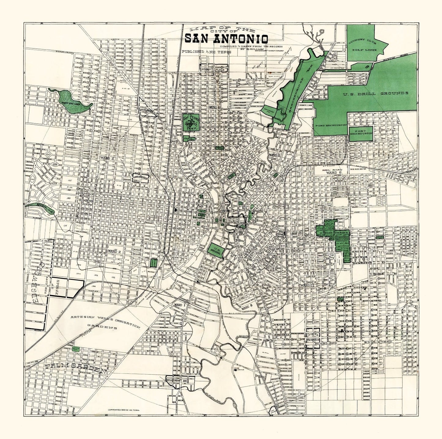Vintage Map of San Antonio, Texas 1909