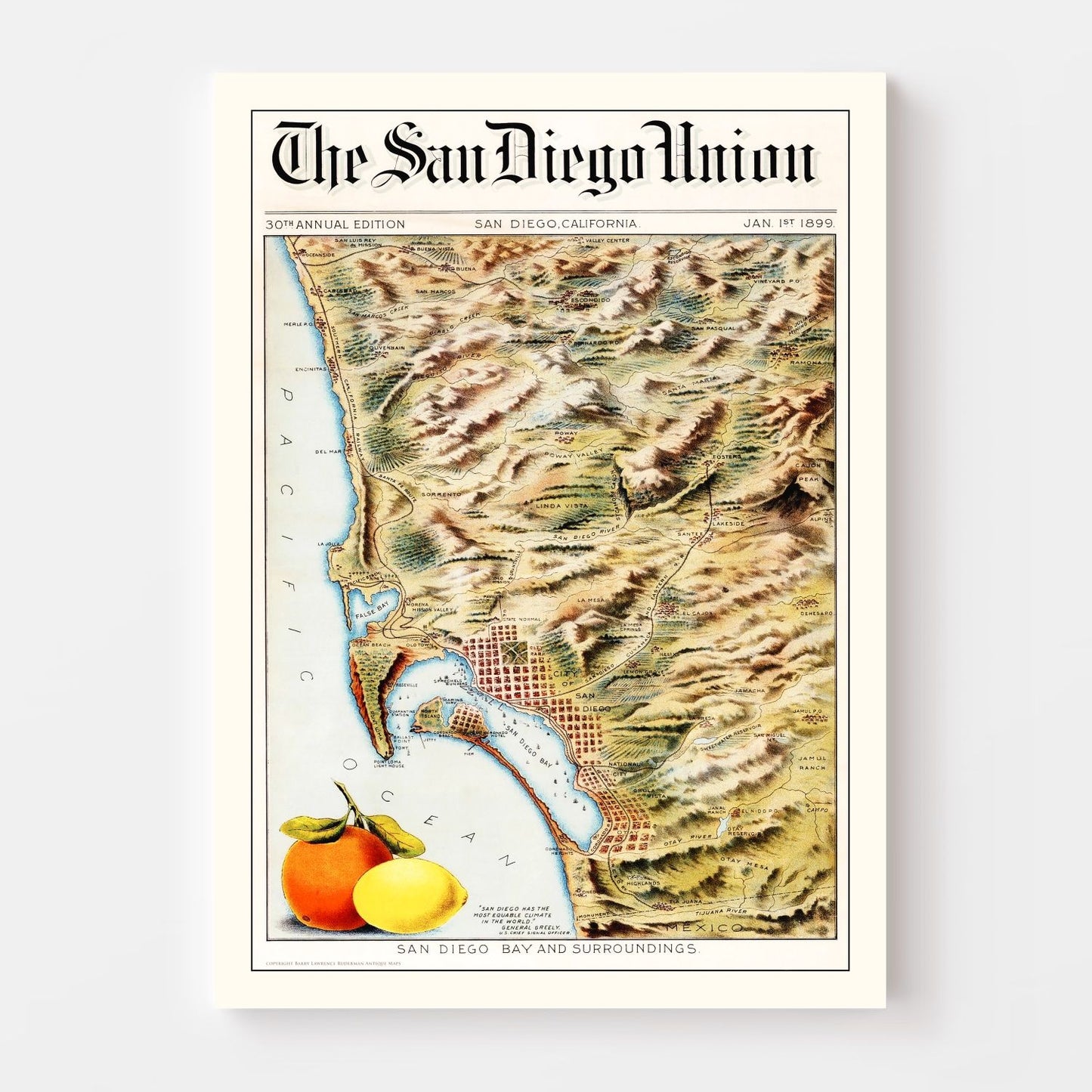Vintage Map Print of San Diego Bay, California 1899