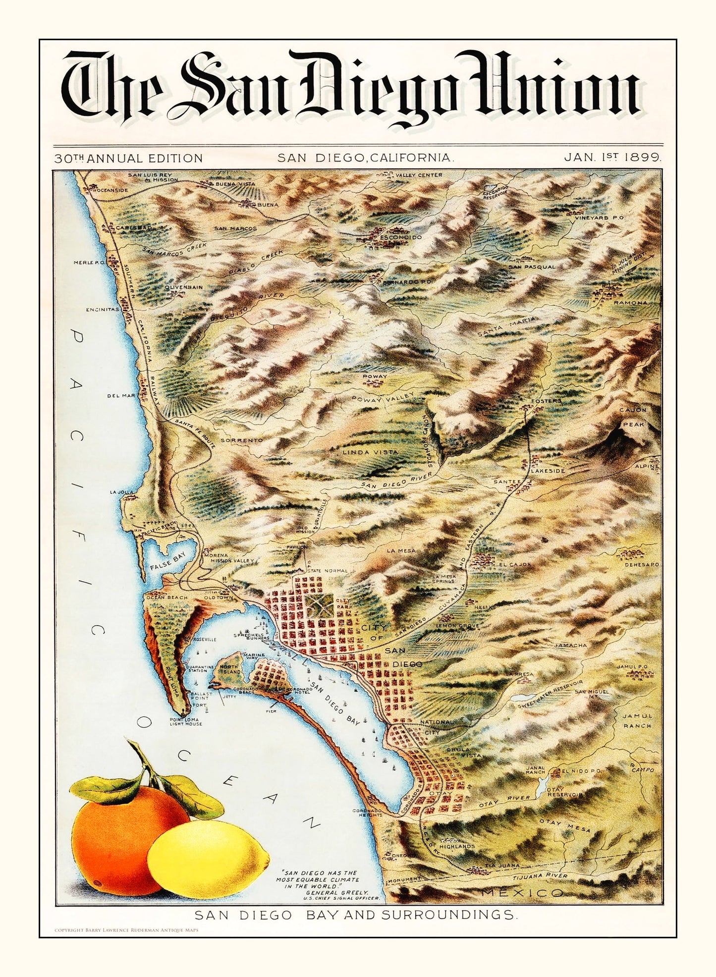 Vintage Map Print of San Diego Bay, California 1899