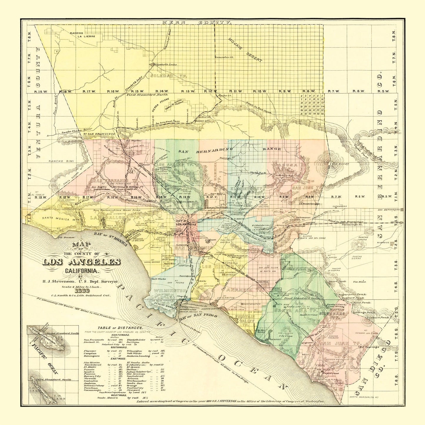 Vintage Map of Los Angeles County, California 1880