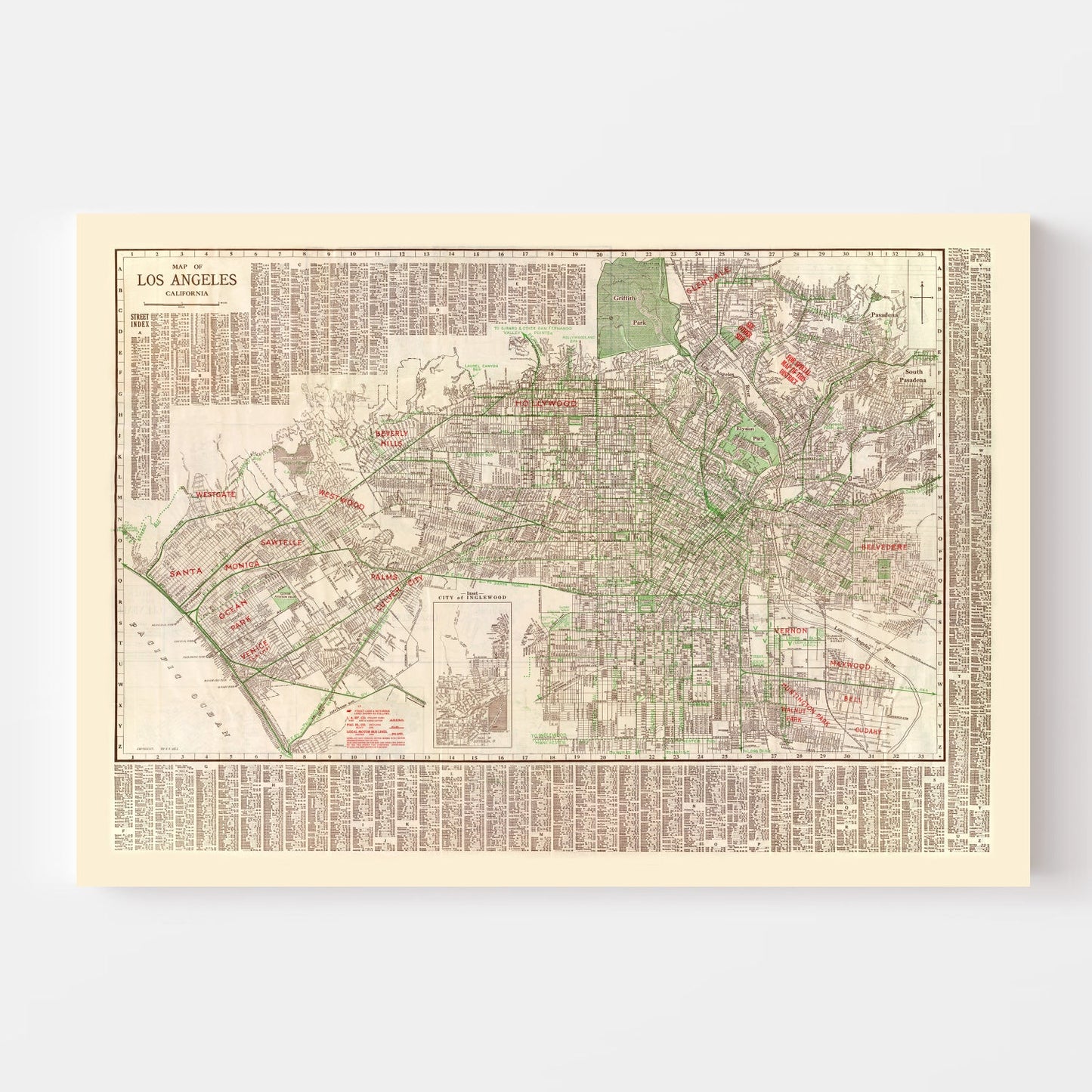 Vintage Map of Los Angeles, California 1928