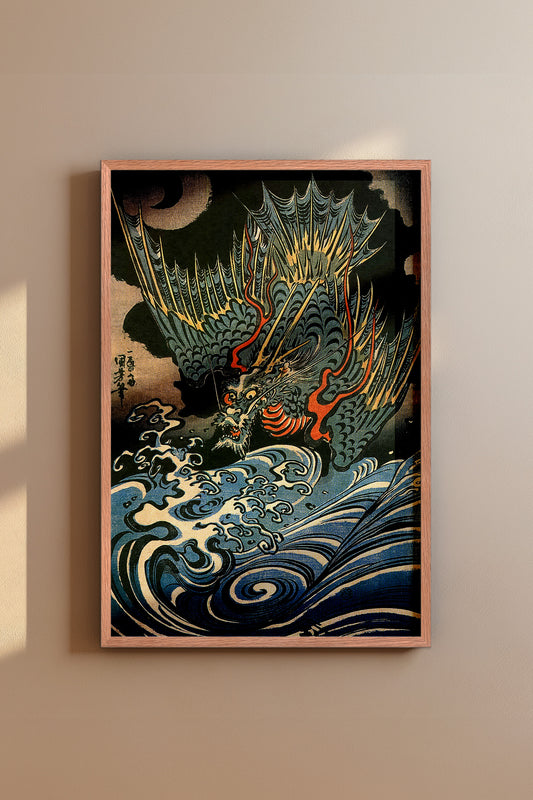 Dragon Flying Above Turbulent Waves 1830s Japanese Edo-Era Woodblock Print Reproduction by Utagawa Kuniyoshi