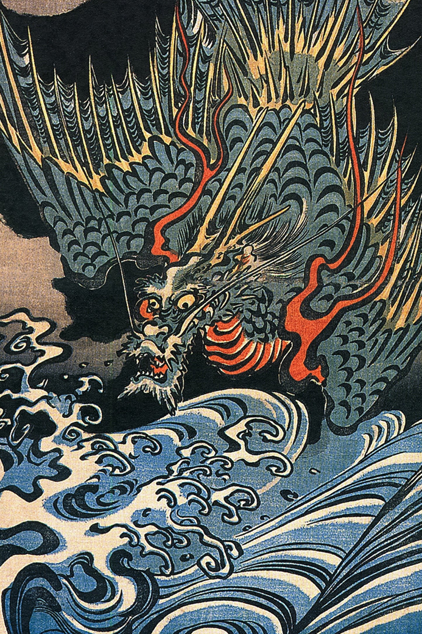 Dragon Flying Above Turbulent Waves 1830s Japanese Edo-Era Woodblock Print Reproduction by Utagawa Kuniyoshi