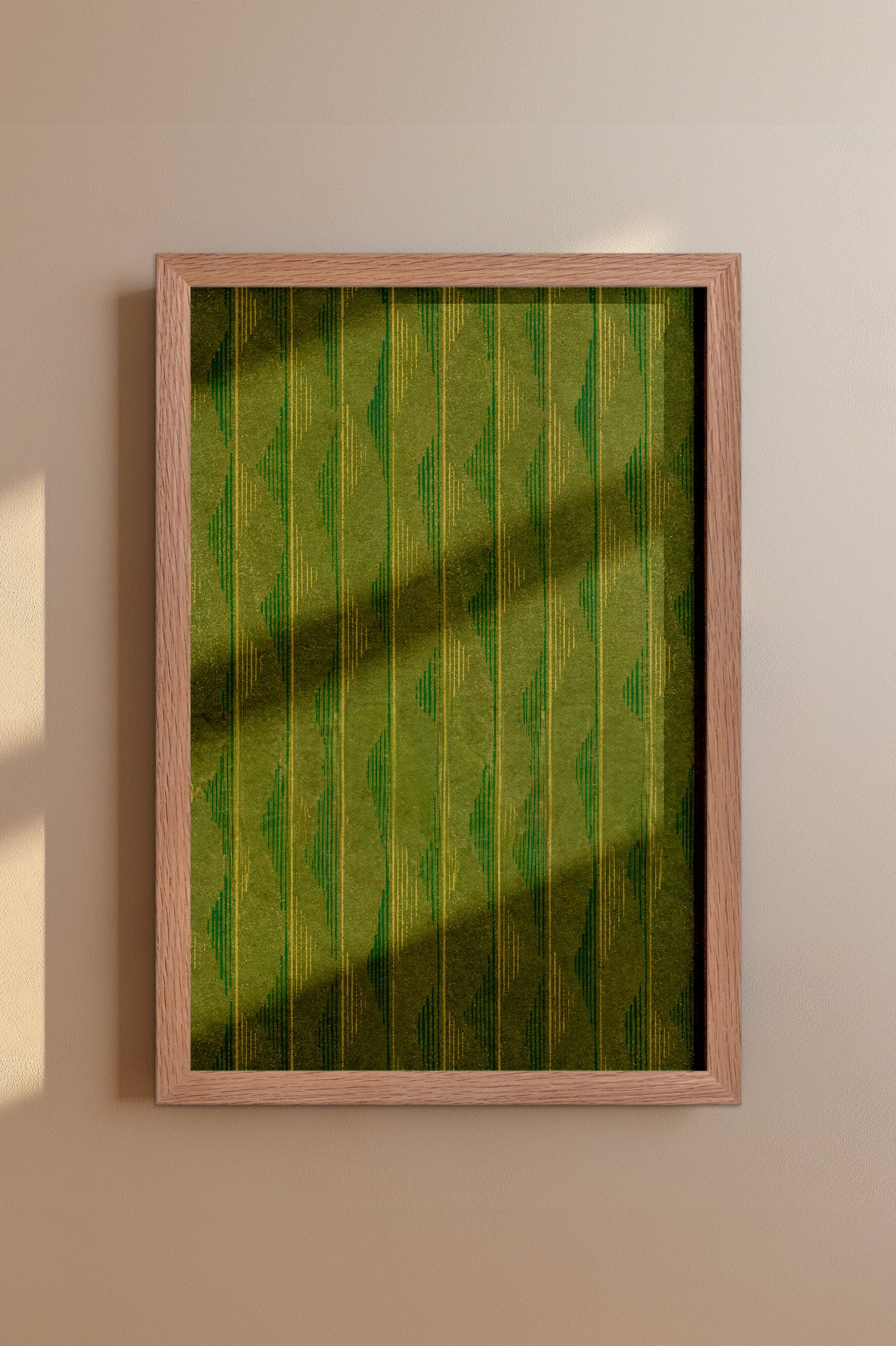 Green and Yellow Vertical Wave Stripes Japanese Edo Era Vintage Textile Print – Japanese Wall Art