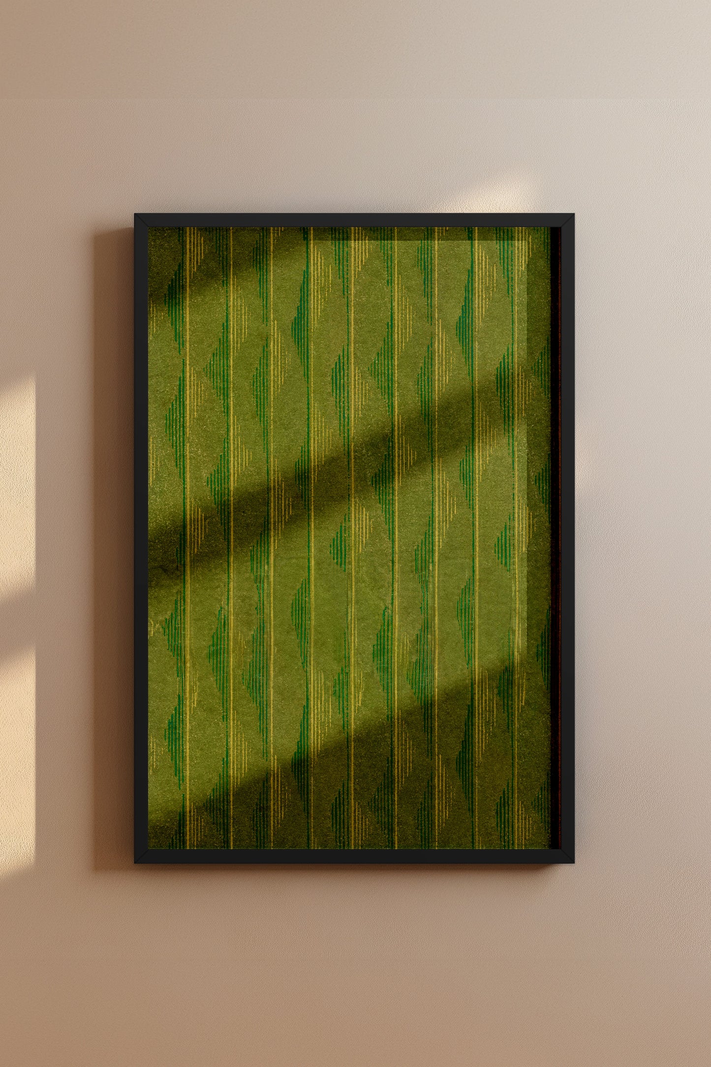 Green and Yellow Vertical Wave Stripes Japanese Edo Era Vintage Textile Print – Japanese Wall Art