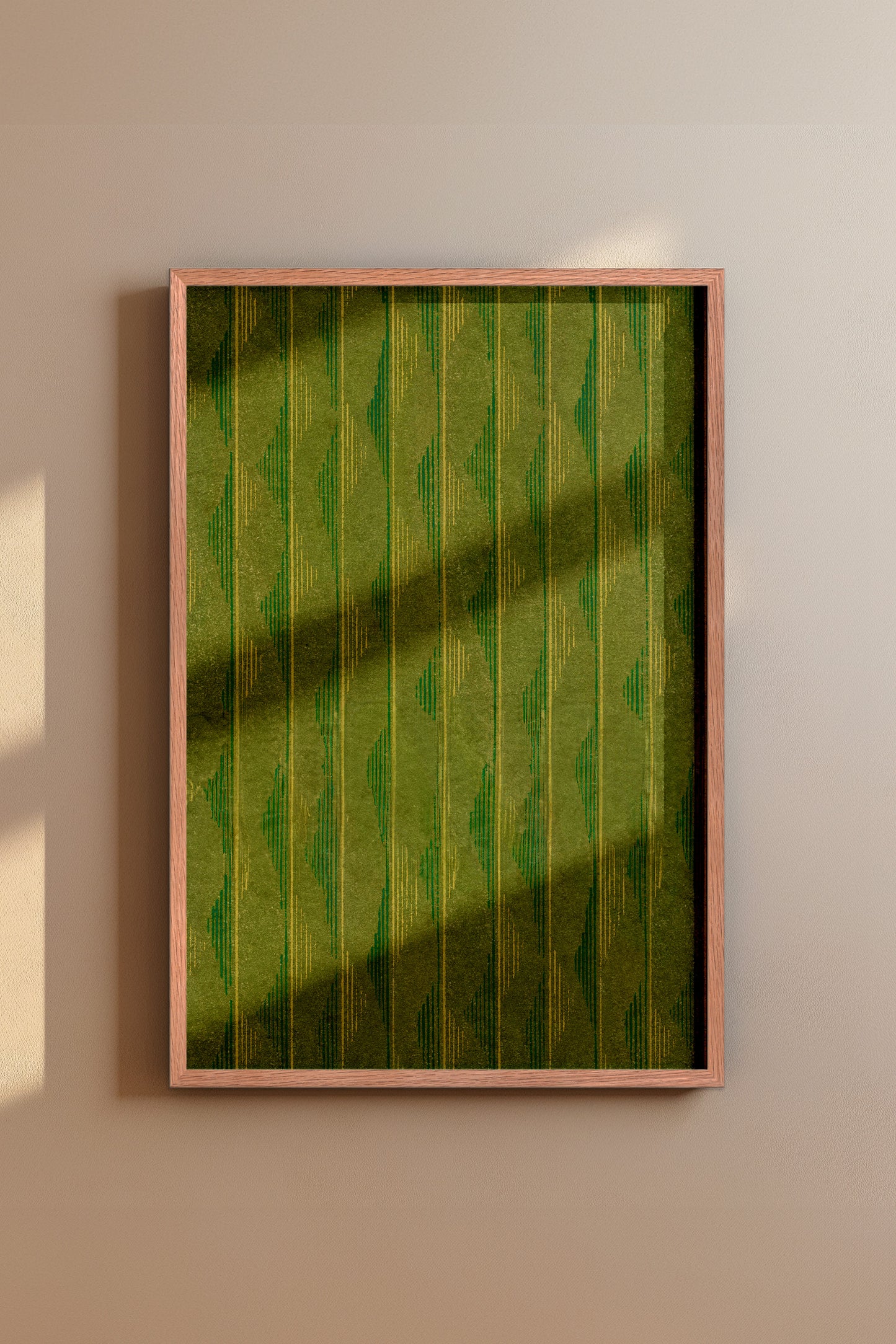 Green and Yellow Vertical Wave Stripes Japanese Edo Era Vintage Textile Print – Japanese Wall Art