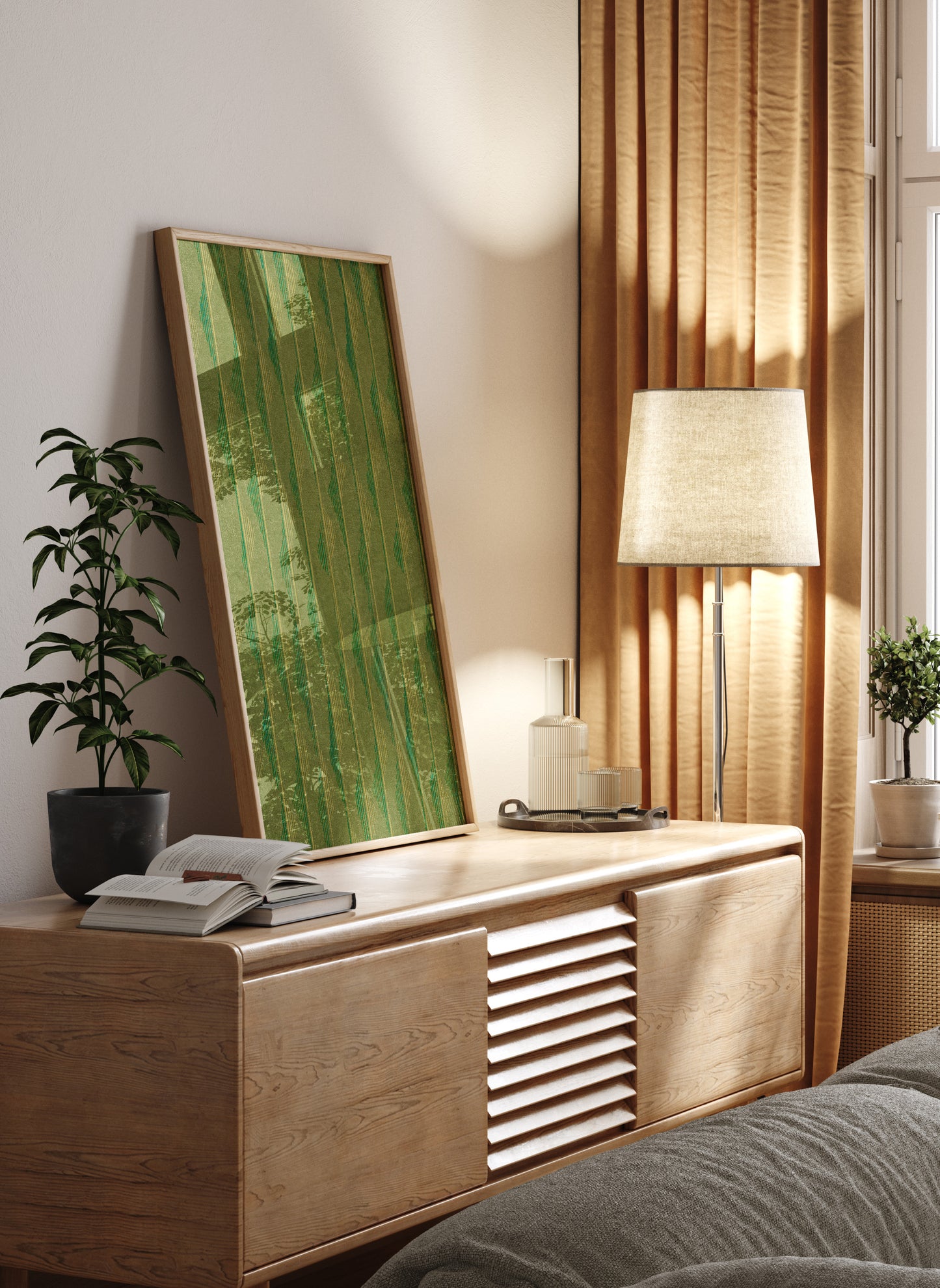 Green and Yellow Vertical Wave Stripes Japanese Edo Era Vintage Textile Print – Japanese Wall Art