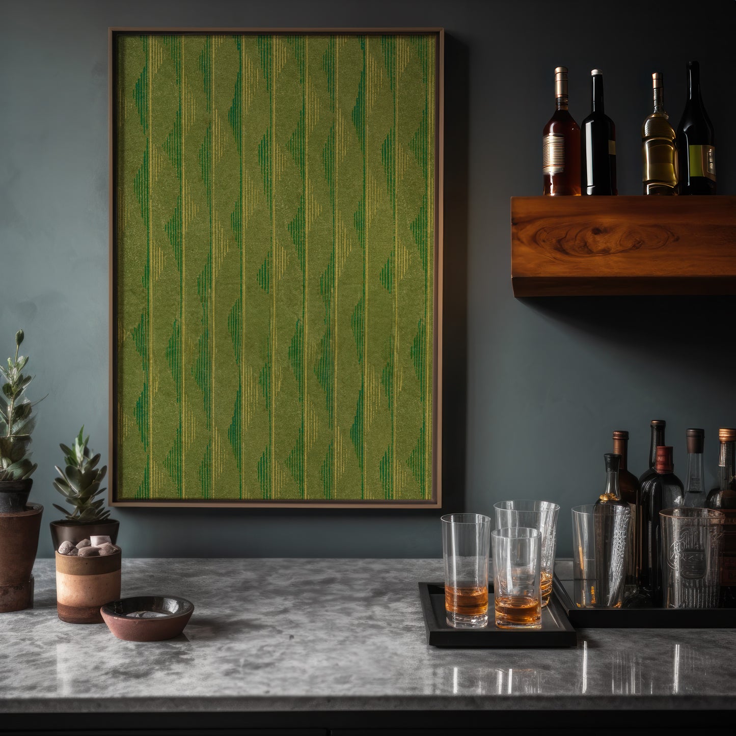 Green and Yellow Vertical Wave Stripes Japanese Edo Era Vintage Textile Print – Japanese Wall Art