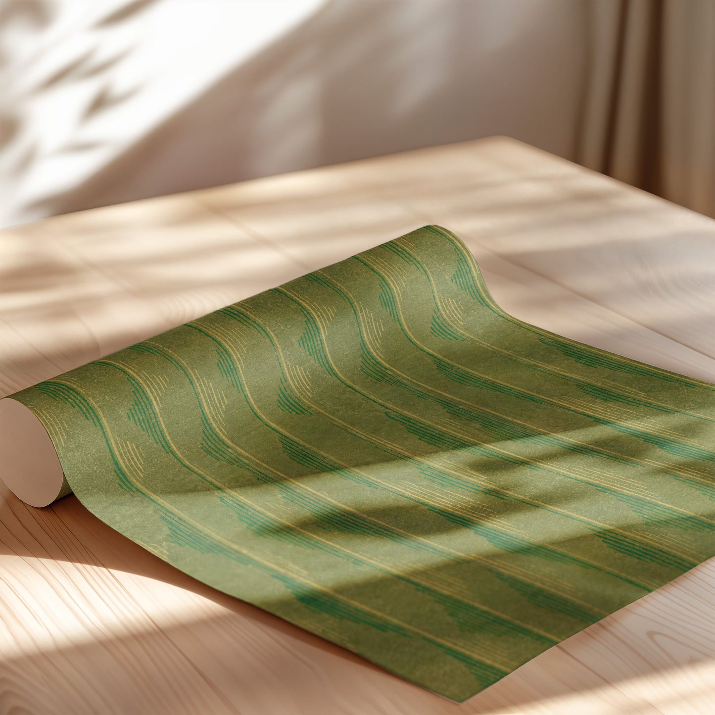 Green and Yellow Vertical Wave Stripes Japanese Edo Era Vintage Textile Print – Japanese Wall Art