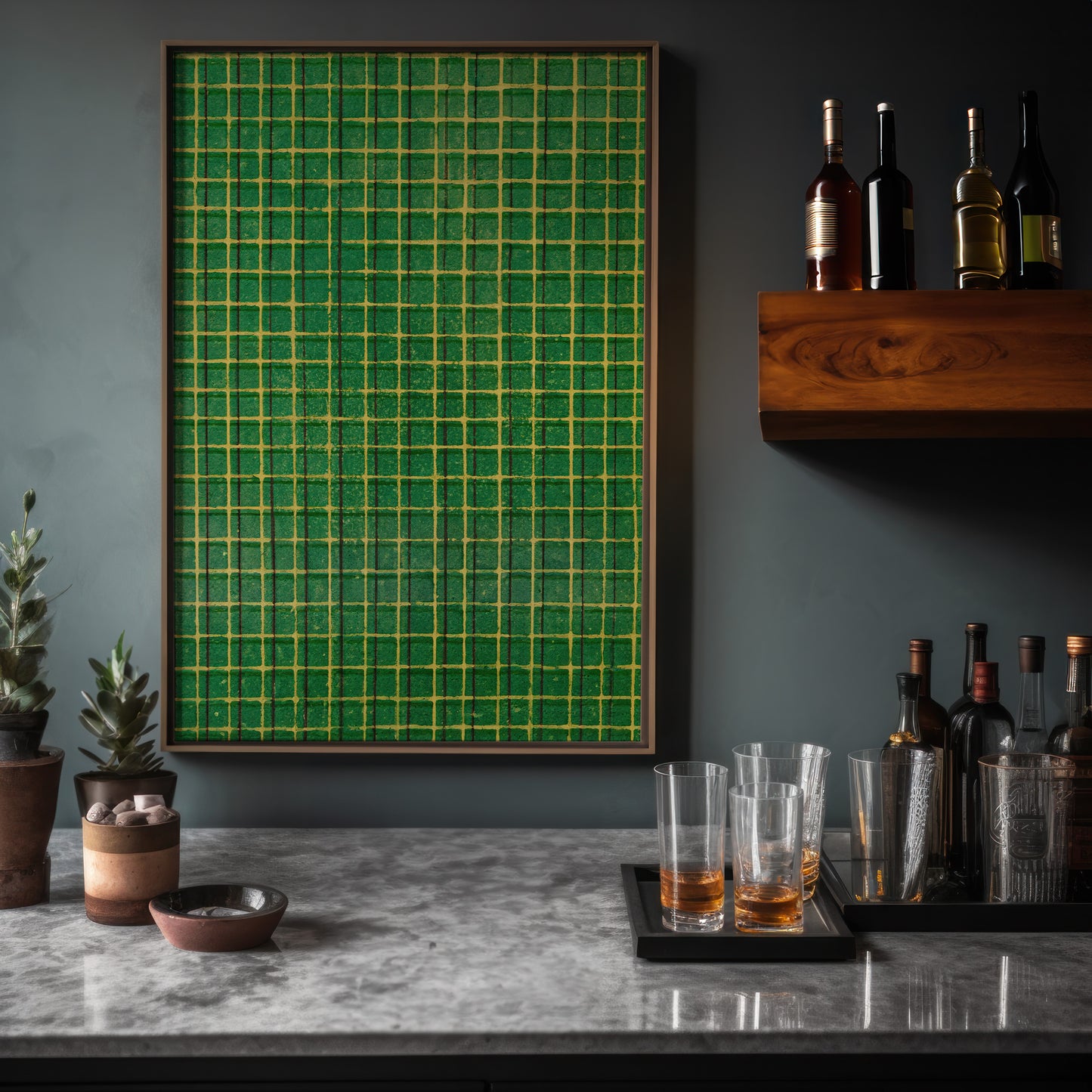 Green and Yellow Square Mesh Japanese Edo Era Vintage Textile Print – Japanese Wall Art
