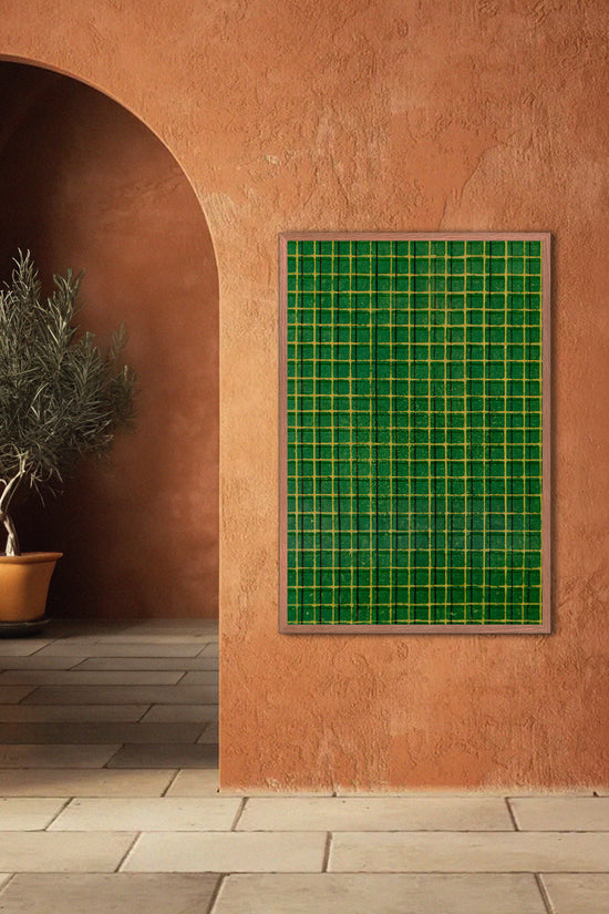 Green and Yellow Square Mesh Japanese Edo Era Vintage Textile Print – Japanese Wall Art
